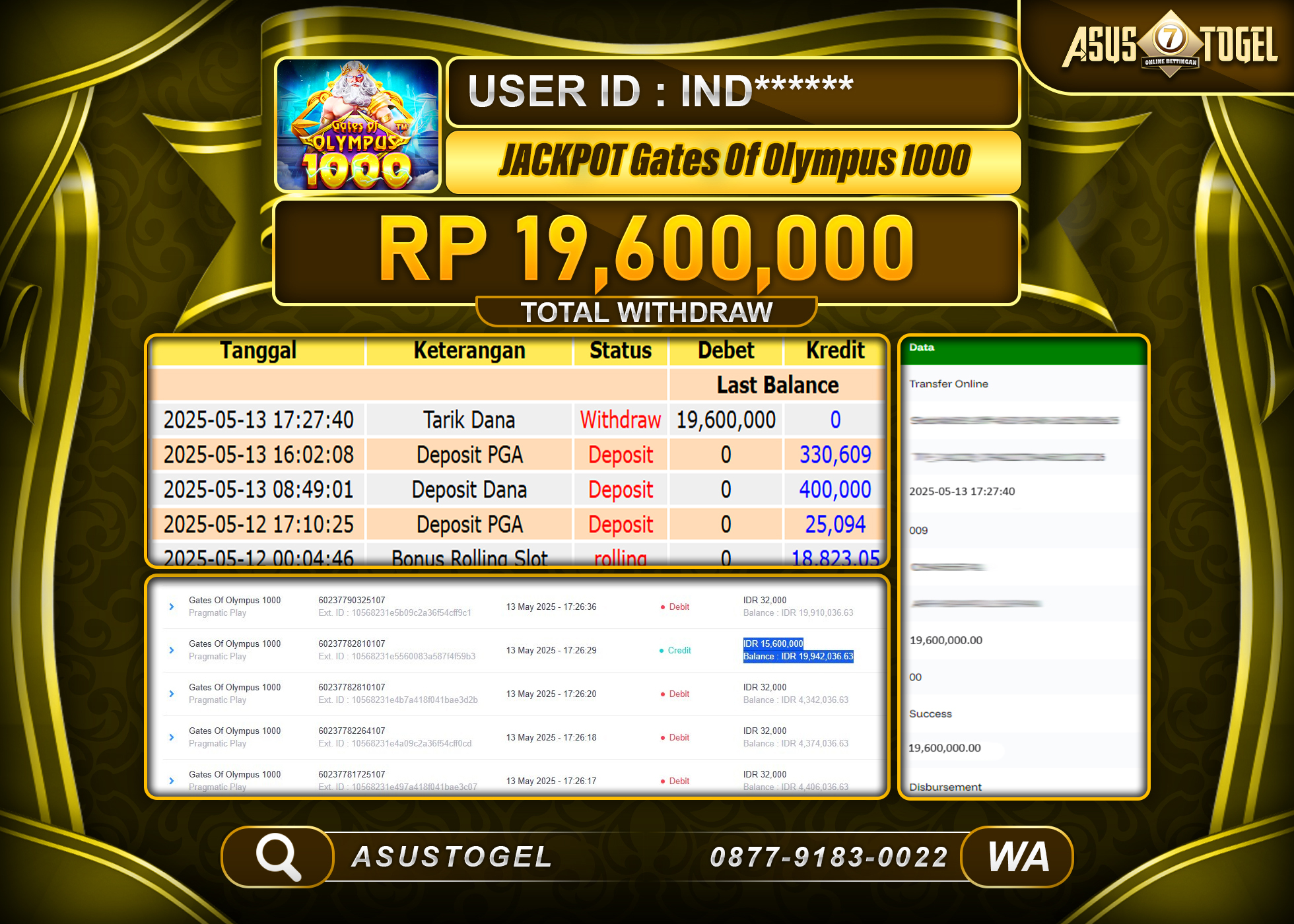 ASUSTOGEL KEMENANGAN DI SLOT GATES OF OLYMPUS 1000 SEBESAR 19,600,000- RUPIAH LUNAS