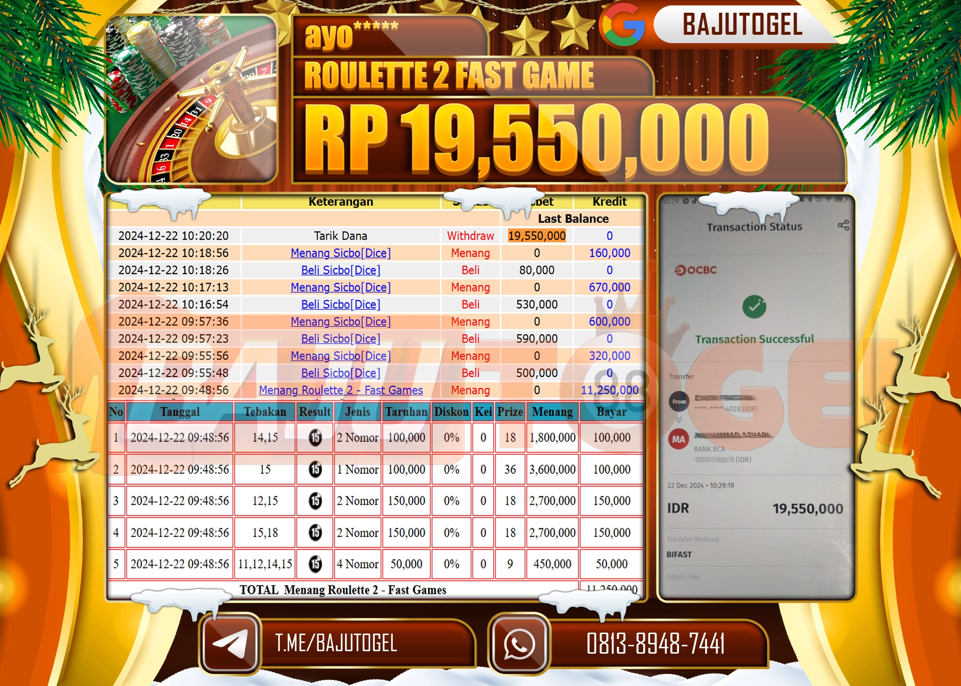 BAJUTOGEL JACKPOT ROULETTE 2 FAST GAME Rp 19,550,000 LUNAS