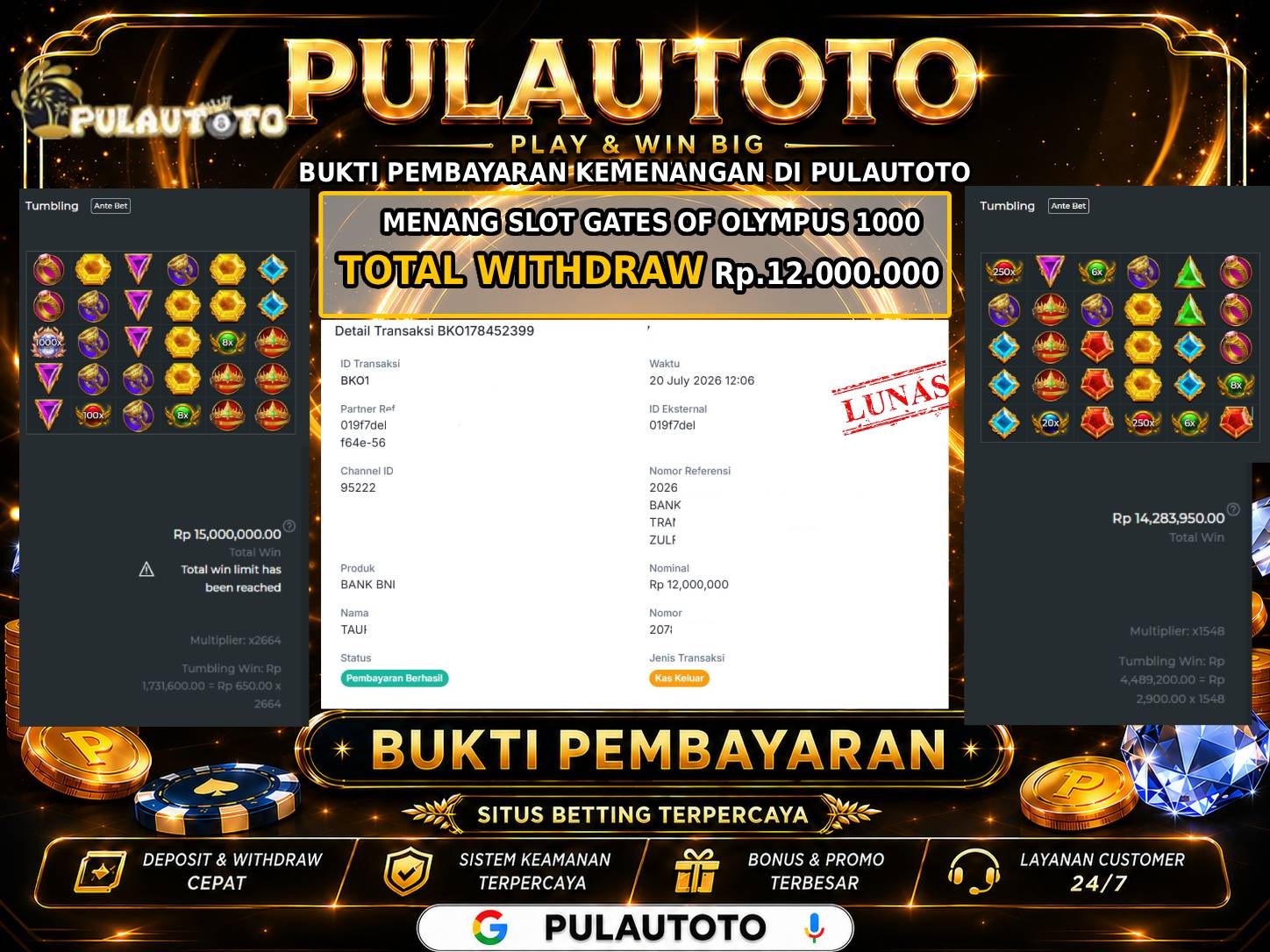 🏆 BUKTI KEMENANGAN MEMBER PULAUTOTO SLOT GATES OF OLYMPUS 1000🏆
