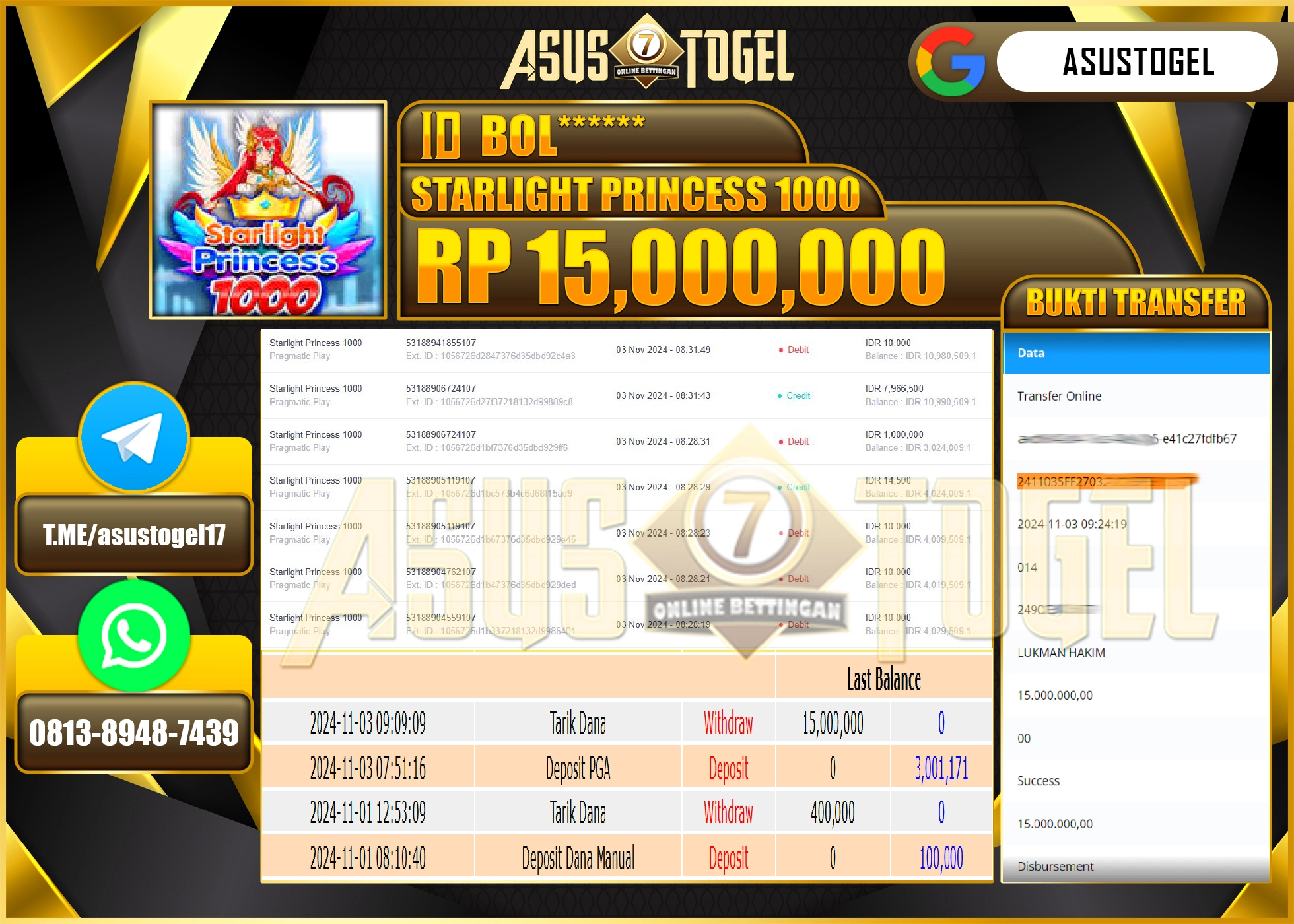 ASUSTOGEL KEMENANGAN DI STARLIGHT PRINCESS 1000 SEBESAR 15,000,000 -RUPIAH LUNAS
