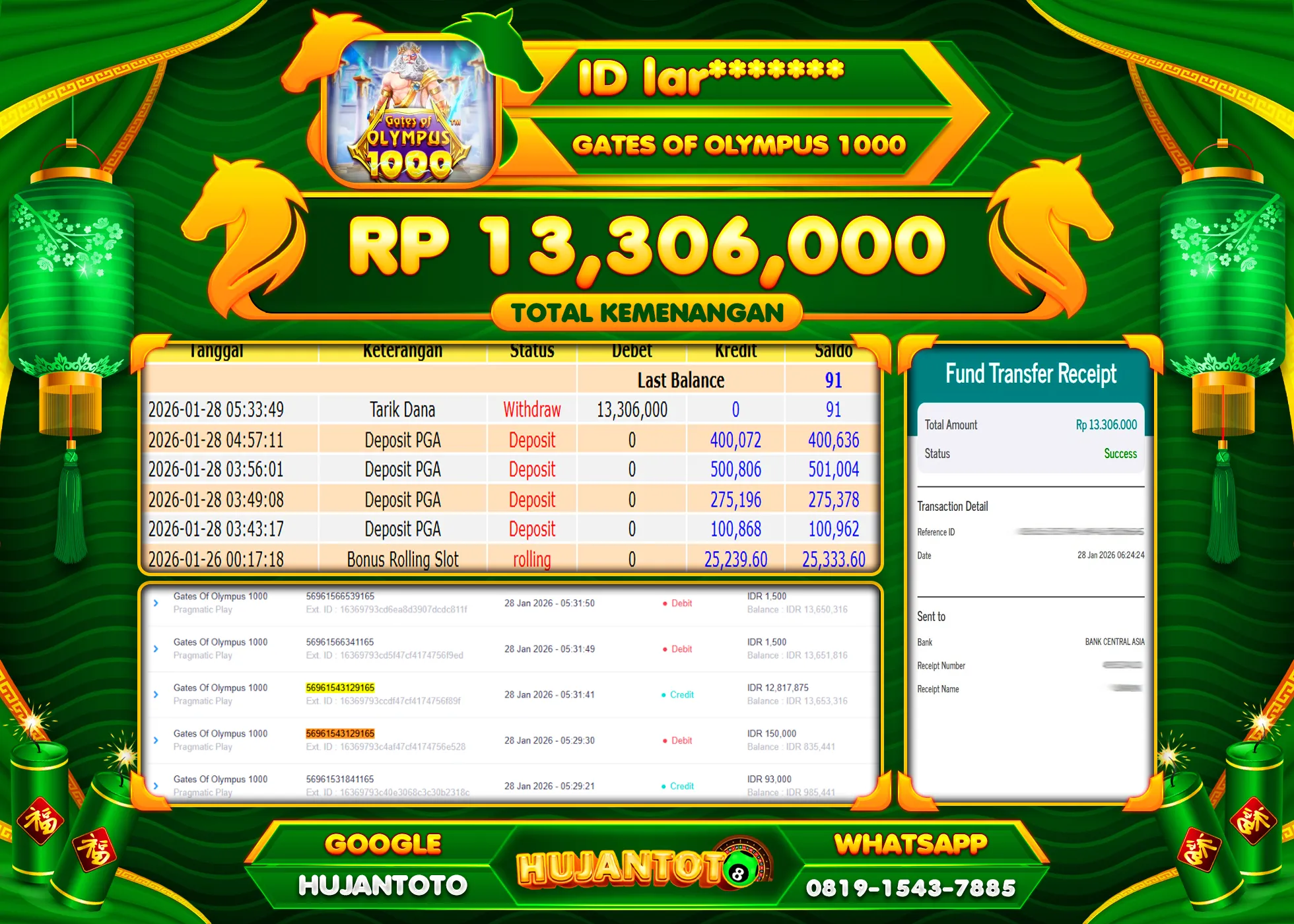 HUJANTOTO - BUKTI JACKPOT MENANG SLOT GATES  OF OLYMPUS 1000 Rp.13,306,000 - TERBAYAR LUNAS