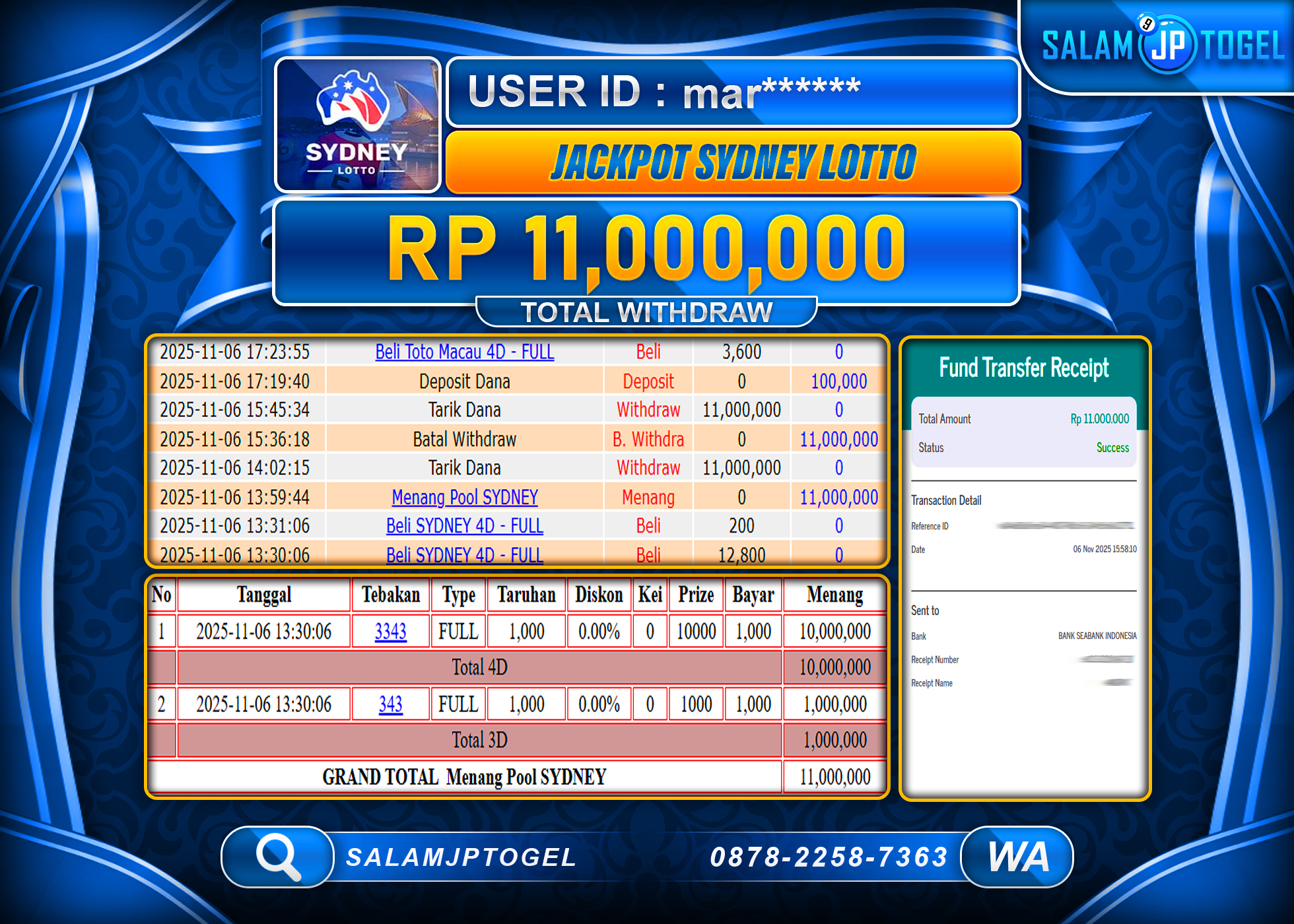 SALAMJPTOGEL MENANG JACKPOT SYDNEY LOTTO Rp.11,000,000  - LUNAS