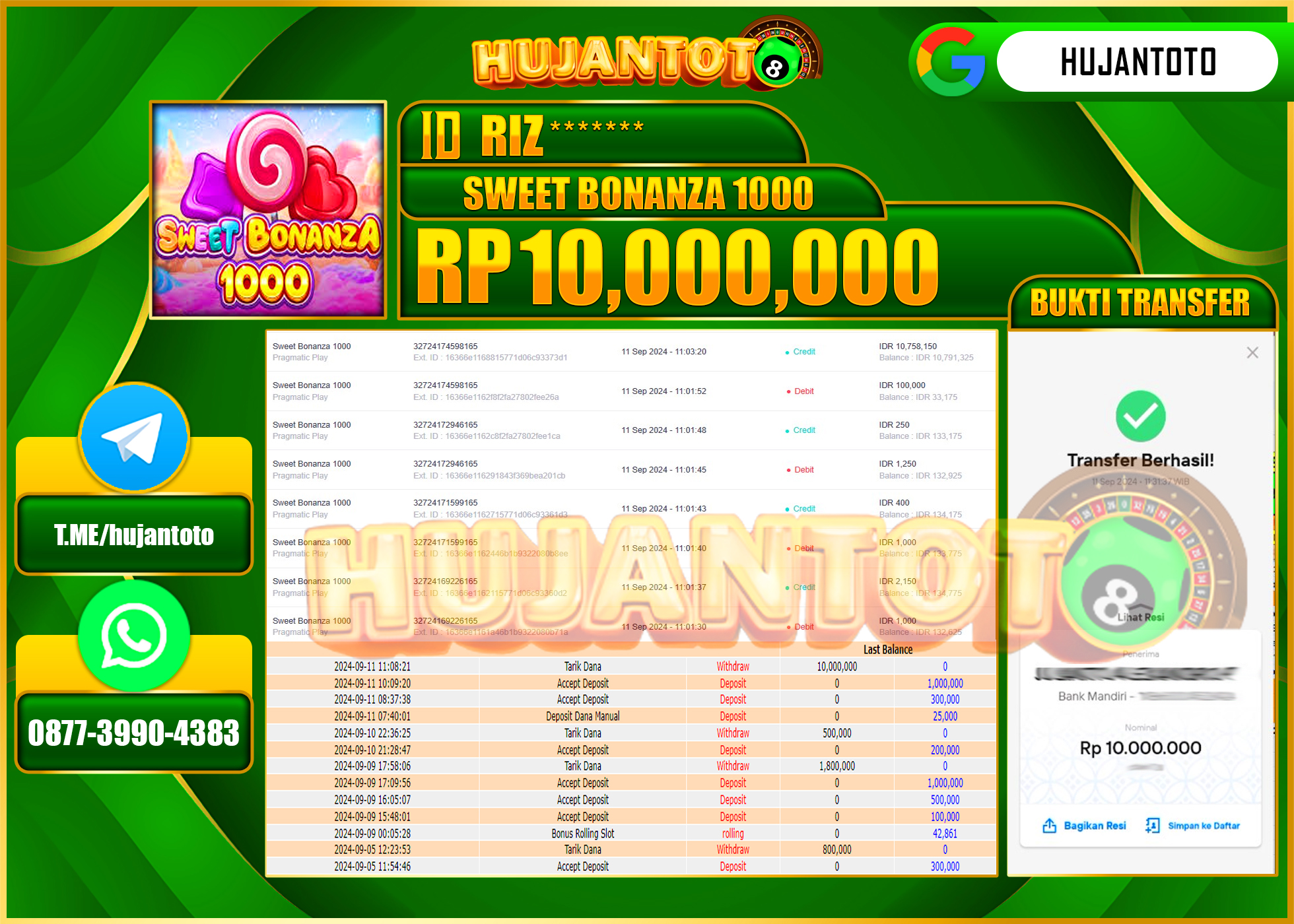 HUJANTOTO MENANG BESAR DI PERMAINAN SLOT SWEET BONANZA 1000 , 10,000,000  - LUNAS 
