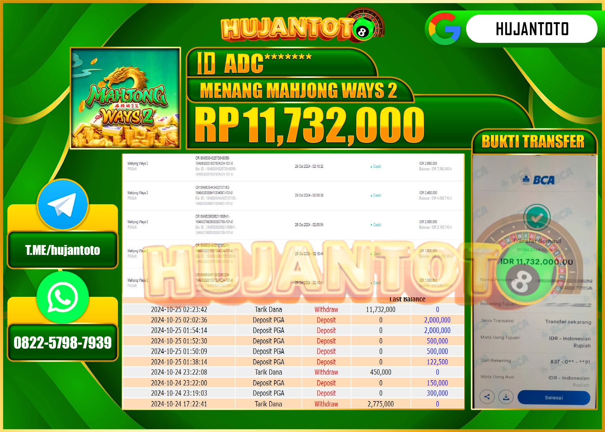 HUJANTOTO MENANG DI PERMAINAN PGSOFT MAHJONG WAYS 2 - 11,732,000 - LUNAS