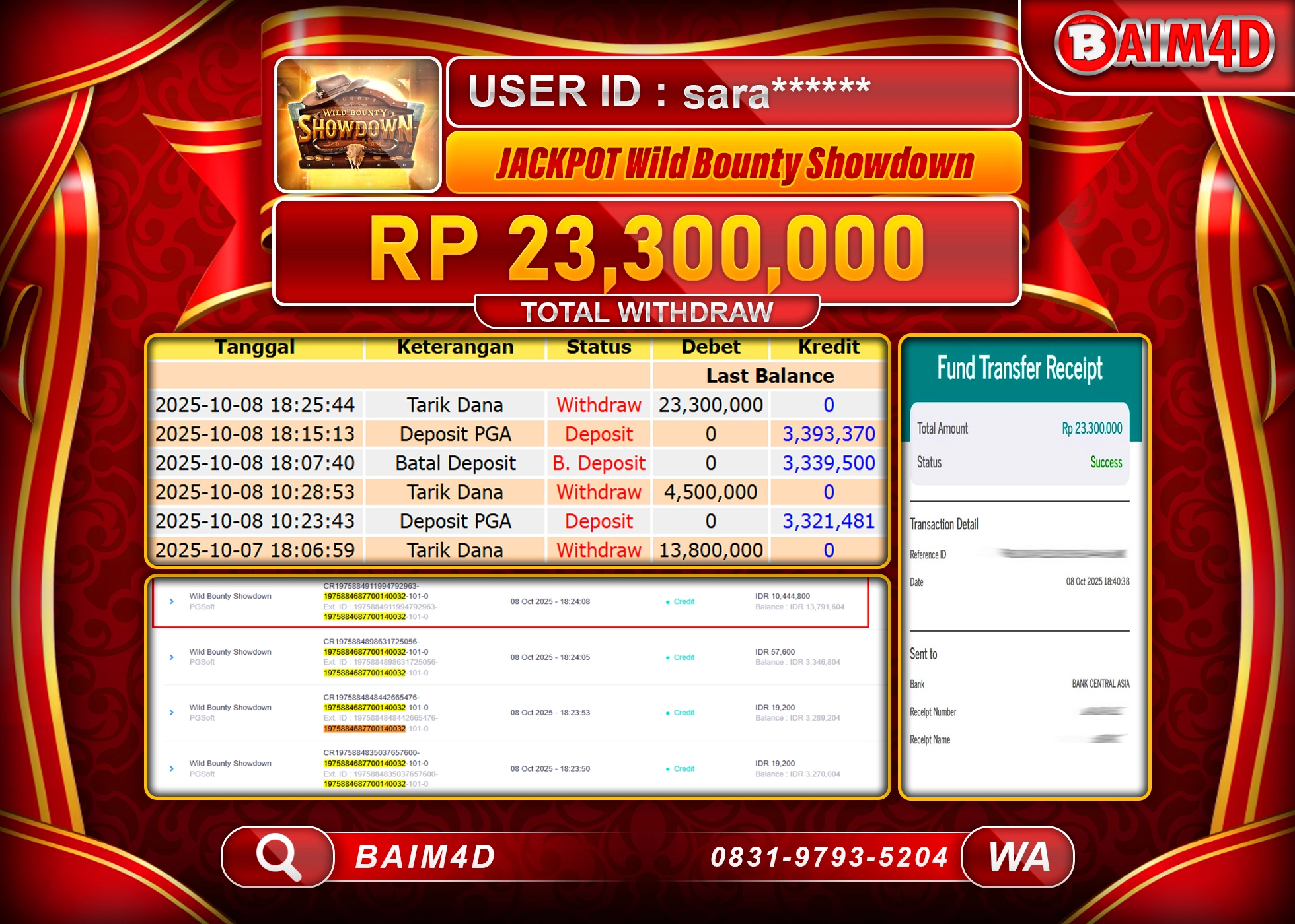 BAIM4D JACKPOT SLOT WILD BOUNTY SHOWDOWN Rp.23,300,000.- LUNAS