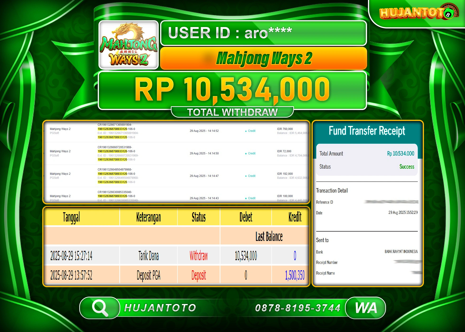 HUJANTOTO - BUKTI JACKPOT MENANG SLOT MAHJONG WAYS 2 Rp.10,534,000 - TERBAYAR LUNAS