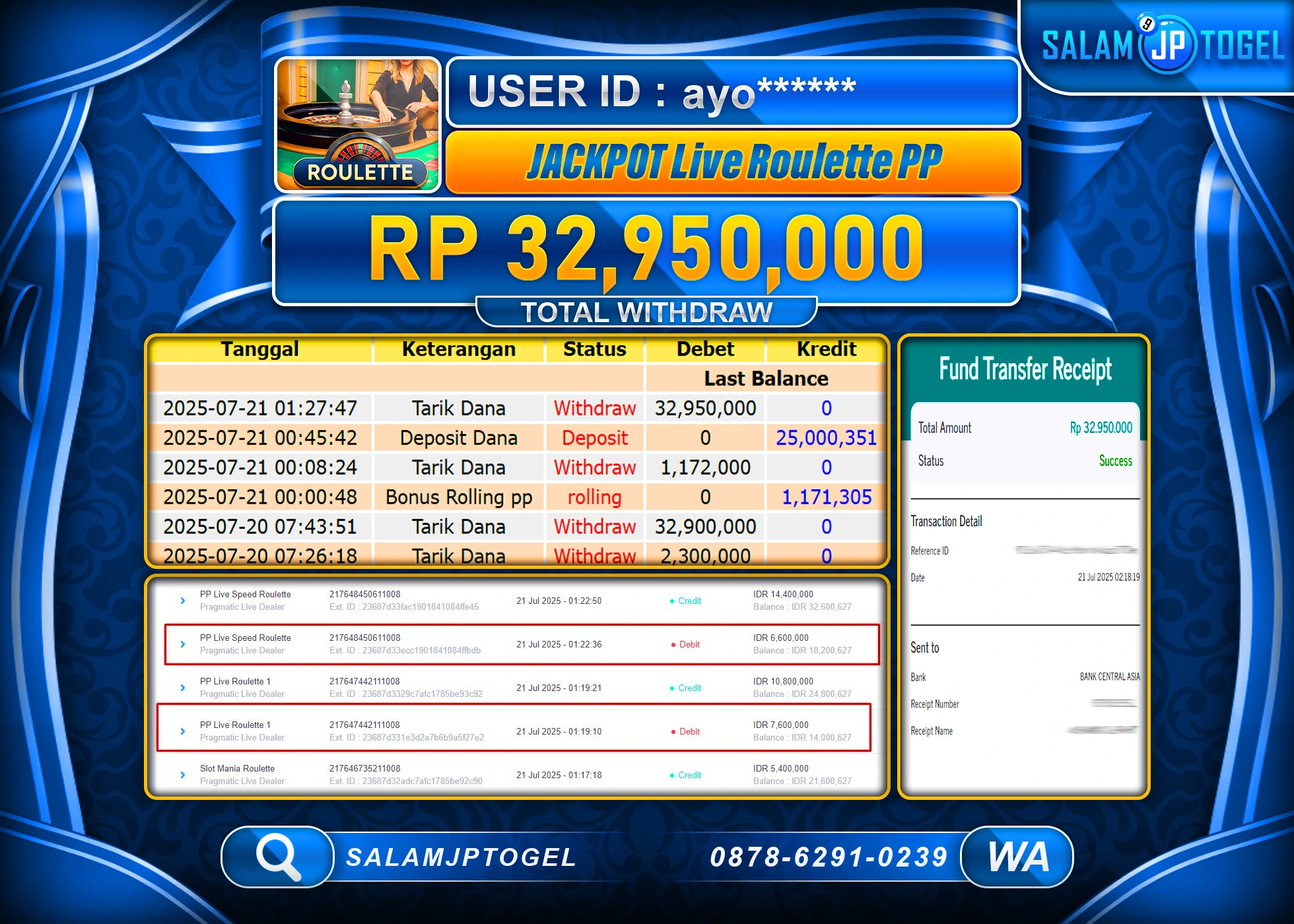 SALAMJPTOGEL MENANG LIVE ROULETTE PP Rp.32,950,000