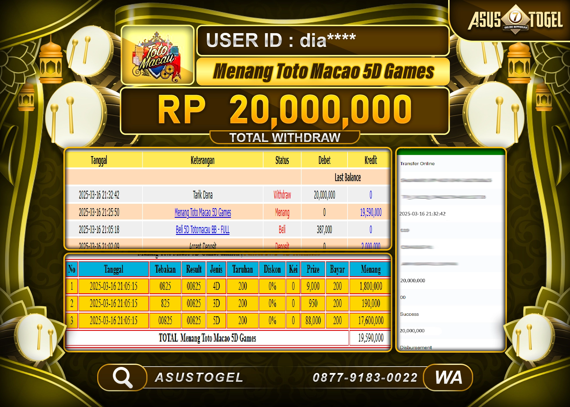 ASUSTOGEL KEMENANGAN DI TOTO MACAO 5D GAMES  SEBESAR 20,000,000- RUPIAH LUNAS