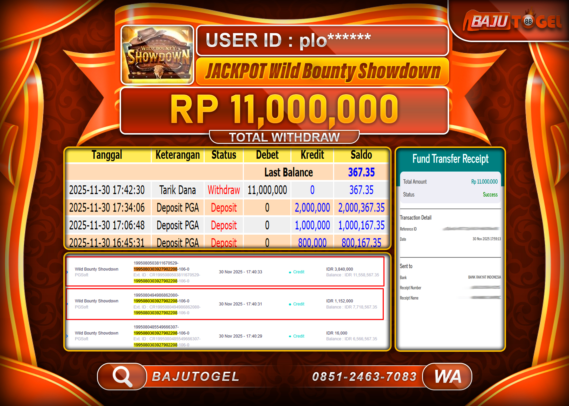 BAJUTOGEL KEMENANGAN WILD BOUNTY SHOWDOWN Rp.11,000,000 LUNAS