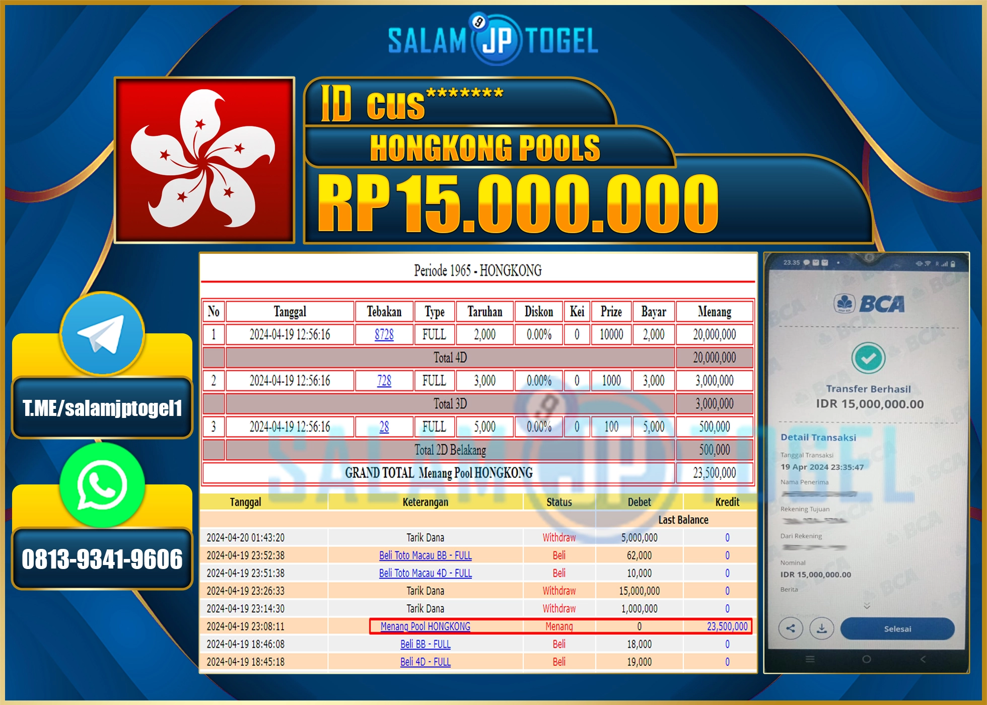 SALAMJPTOGEL JACKPOT TOGEL HONGKONG RP.15.000.000.,- LUNAS