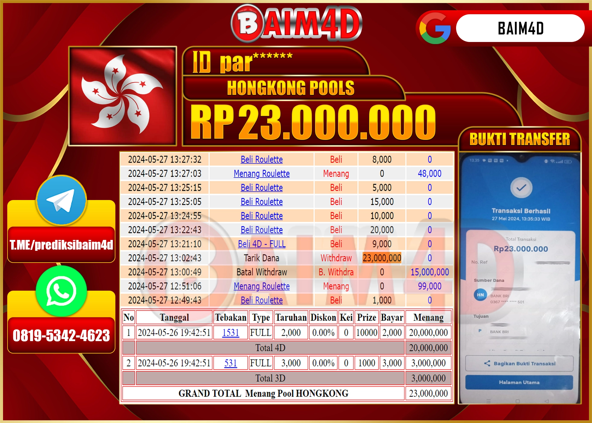 BAIM4D JACKPOT POOLS HONGKONG Rp.23.000.000.,- LUNAS