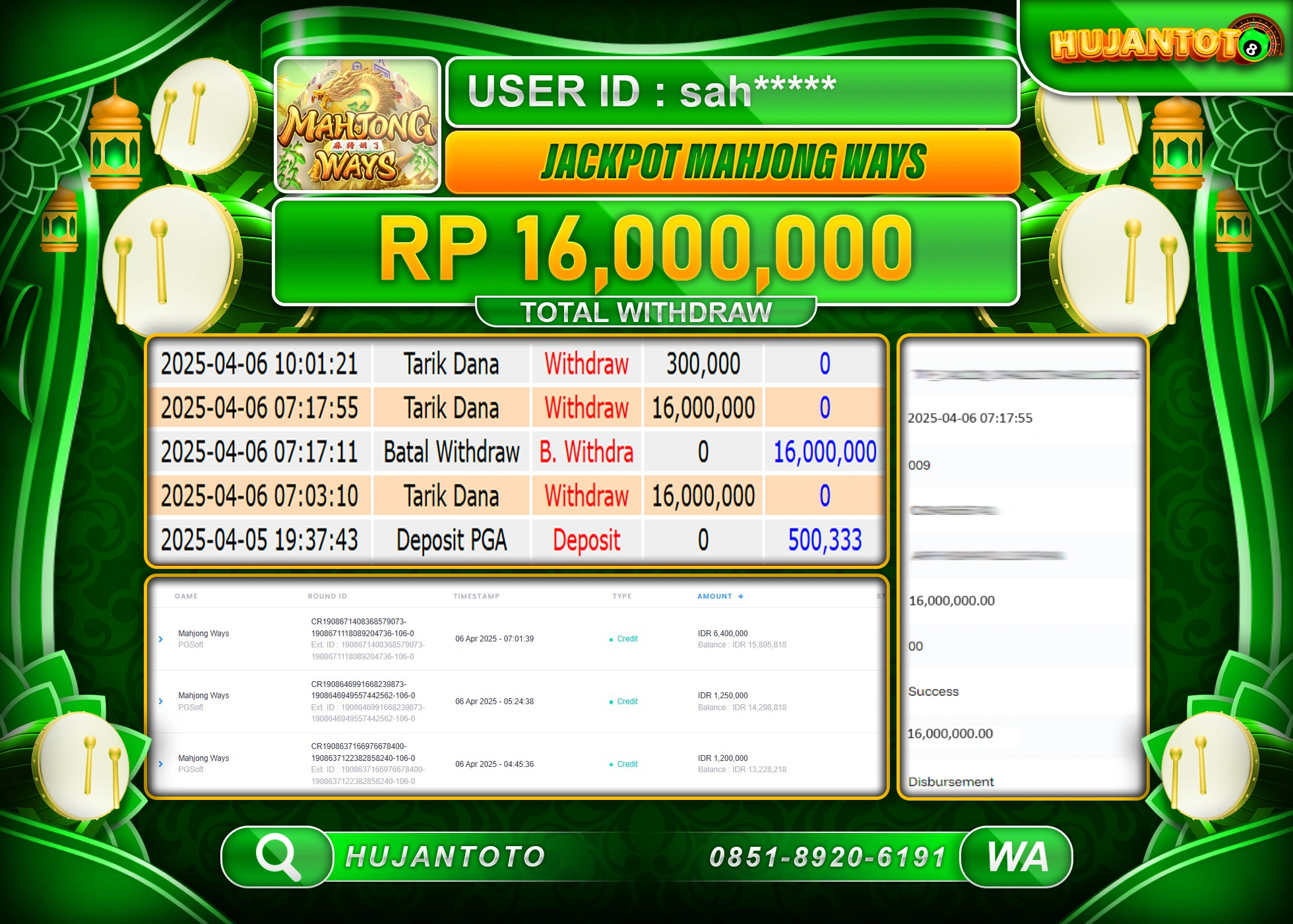 HUJANTOTO - BUKTI JACKPOT MENANG SLOT MAHJONG WAYS Rp,16,000,000 - TERBAYAR LUNAS
