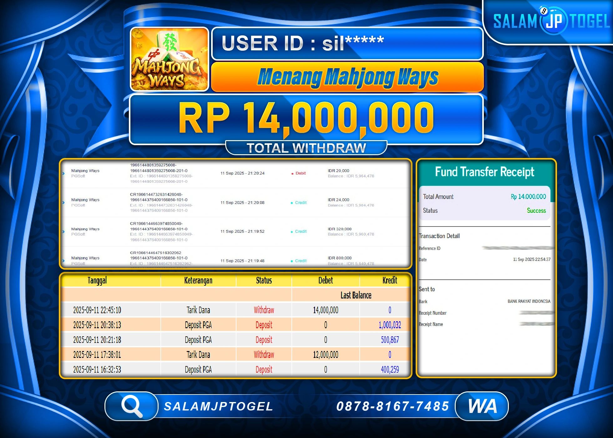 SALAMJPTOGEL MENANG MAHJONG WAYS PGSOFT  Rp.14,000,000