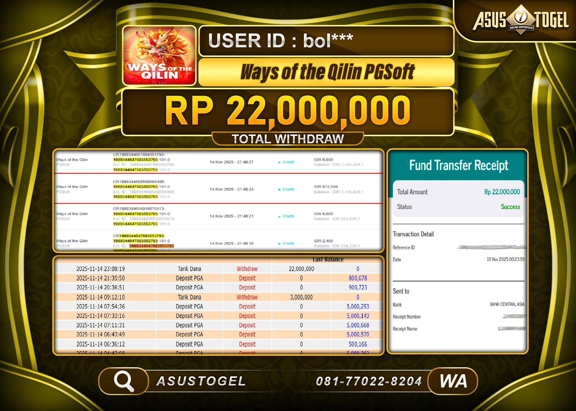 ASUSTOGEL KEMENANGAN DI SLOT WAYS OF THE QILIN PGSOFT SEBESAR 22,000,000 - RUPIAH LUNAS