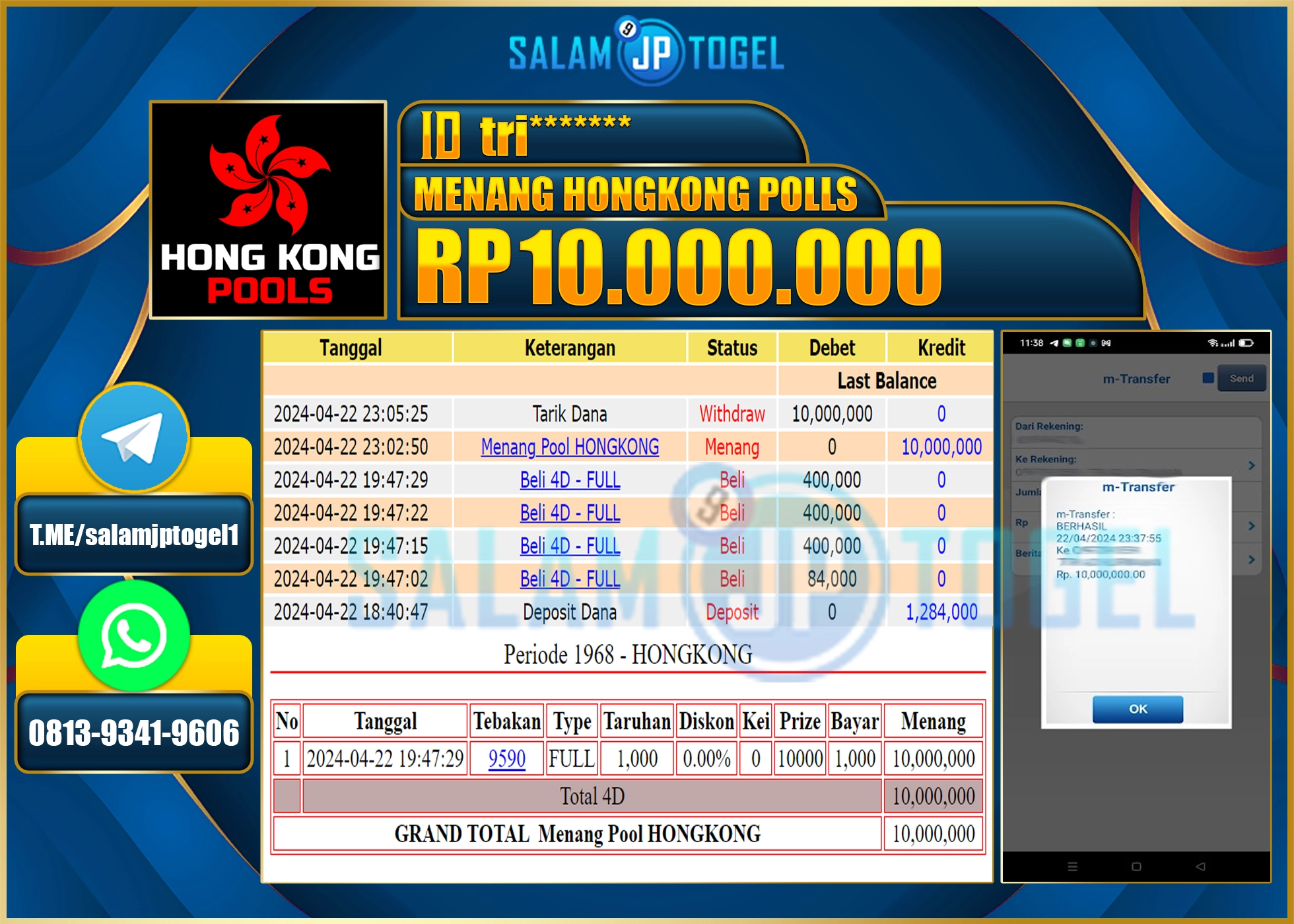 SALAMJPTOGEL JACKPOT TOGEL HONGKONG RP.10.000.000.,- LUNAS