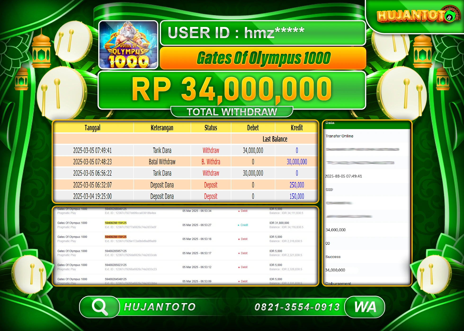HUJANTOTO - BUKTI JACKPOT MENANG SLOT GATES OF OLYMPUS 1000, Rp,34,000,000 - TERBAYAR LUNAS