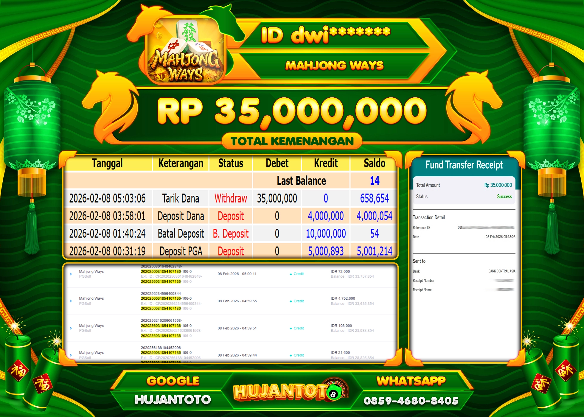 HUJANTOTO - BUKTI JACKPOT MENANG SLOT MAHJONG WAYS Rp.35,000,000 - TERBAYAR LUNAS