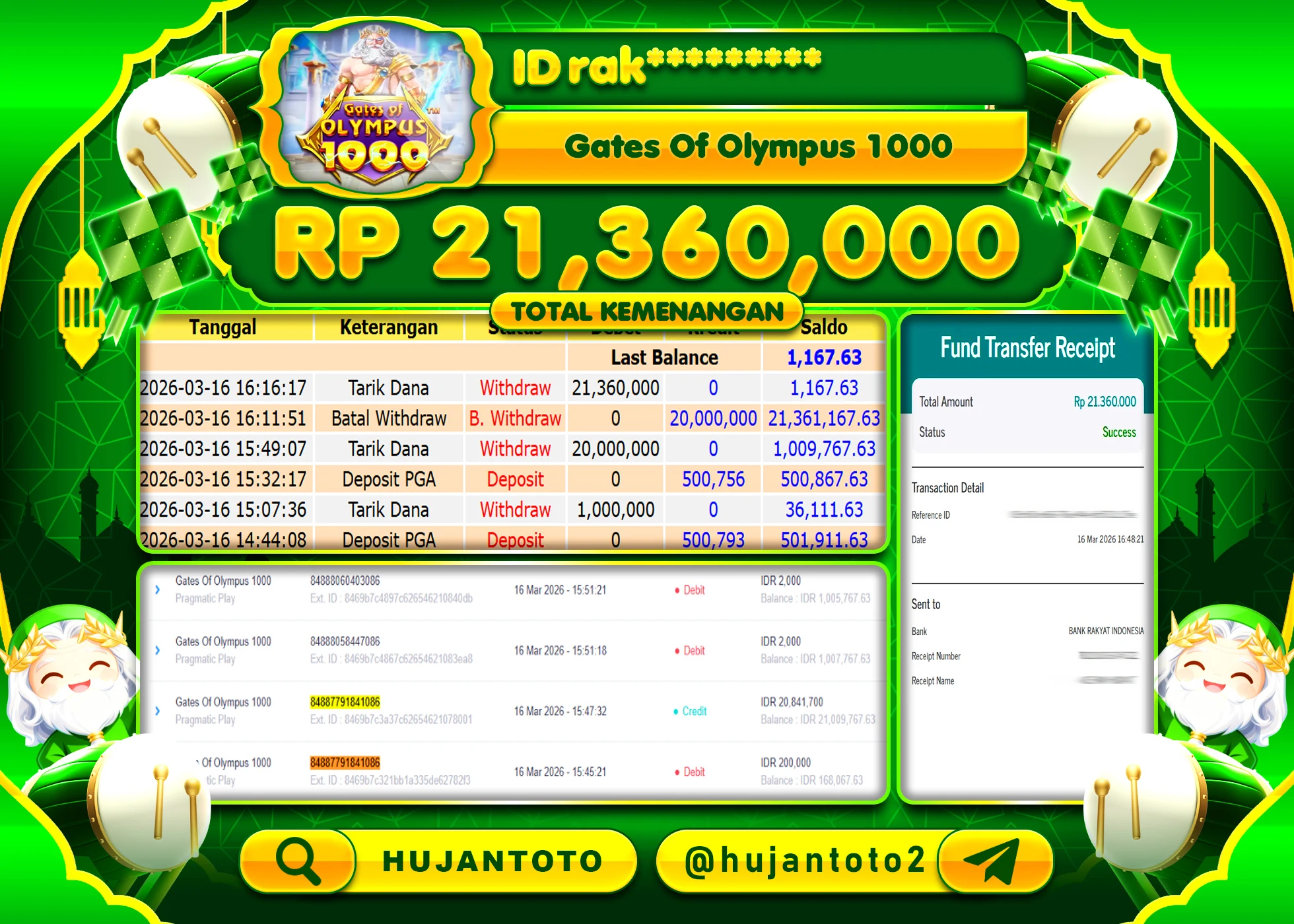HUJANTOTO - BUKTI JACKPOT MENANG SLOT GATES  OF OLYMPUS 1000 Rp.21,360,000 - TERBAYAR LUNAS