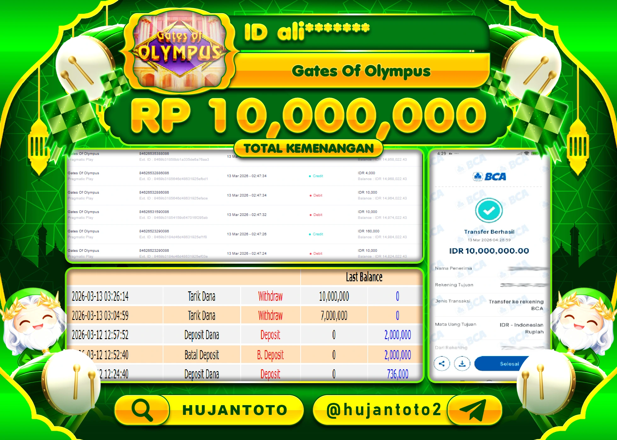 HUJANTOTO - BUKTI JACKPOT MENANG SLOT GATES OF OLYMPUS Rp.10,000,000 - TERBAYAR LUNAS
