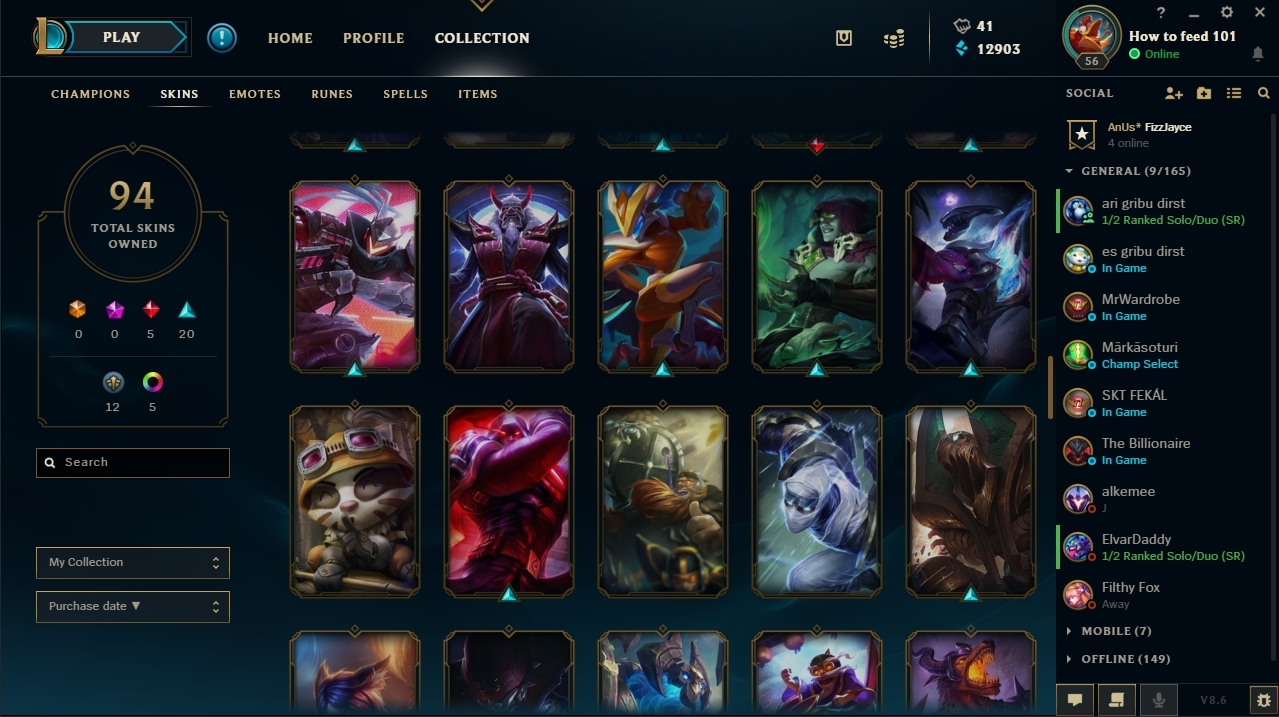 eune lvl 56 / champs: 140(all) / skins: 94 / rp: 41 / be: 12903
