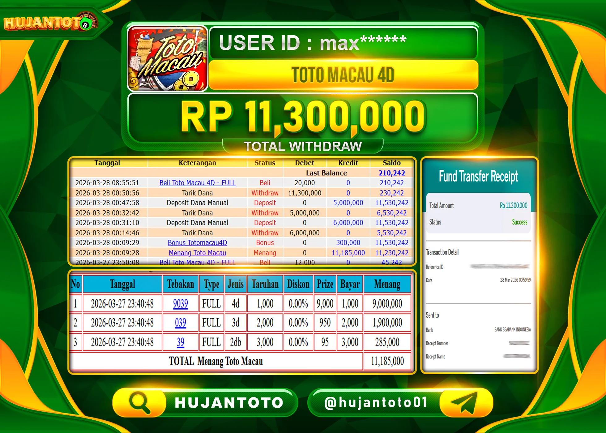 HUJANTOTO - BUKTI JACKPOT MENANG TOGEL TOTO MACAU 4D Rp.11,300,000 - TERBAYAR LUNAS