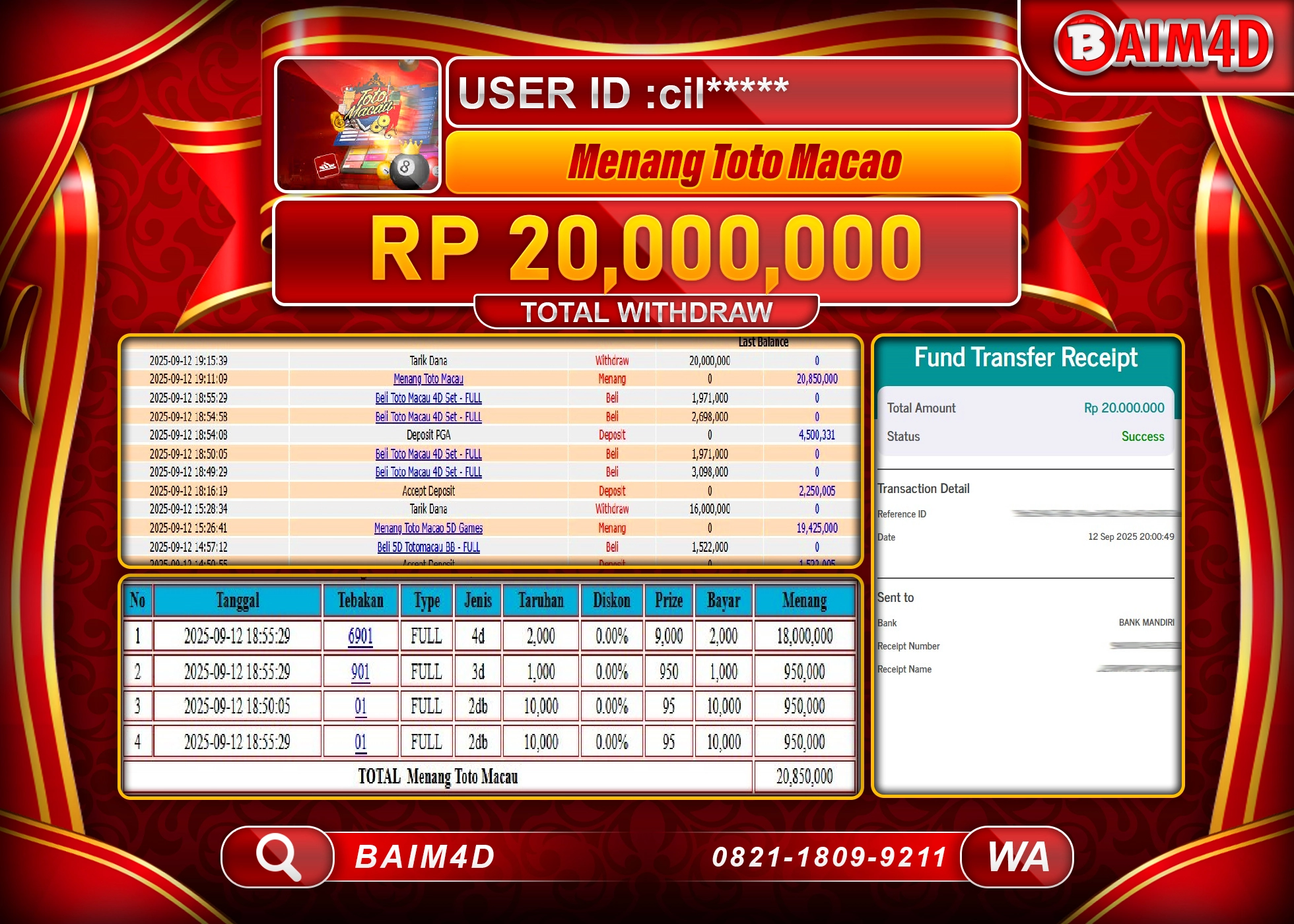 BAIM4D JACKPOT TOGEL TOTO MACAU 4D Rp.20,000,000.- LUNAS