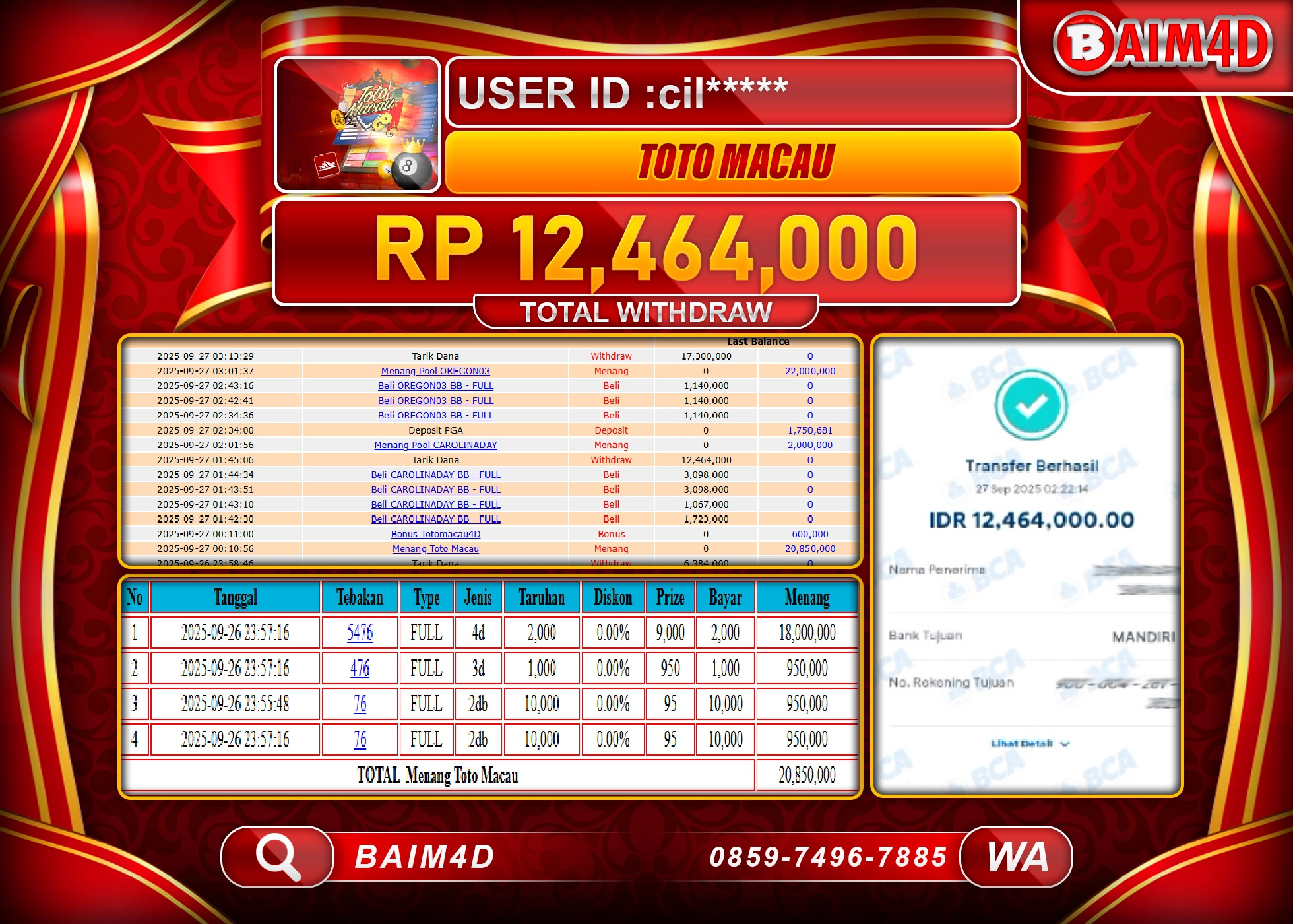 BAIM4D JACKPOT TOGEL TOTO MACAU 4D GAMES Rp.12,464,000.- LUNAS