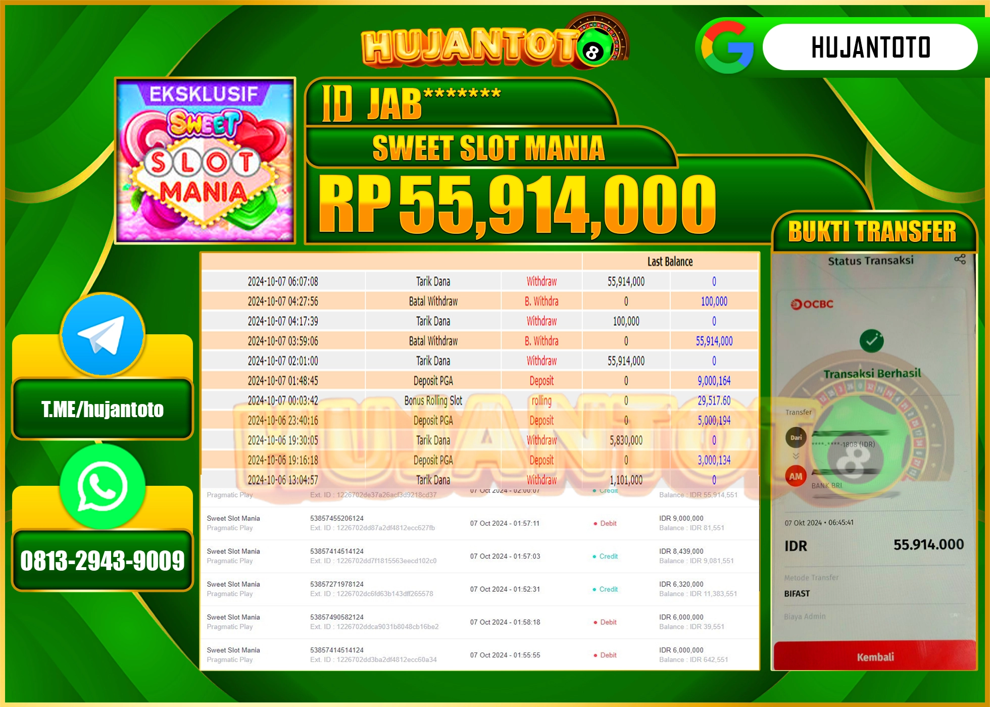HUJANTOTO MENANG DI SWEET SLOT MANIA 55,914,000 - LUNAS 
