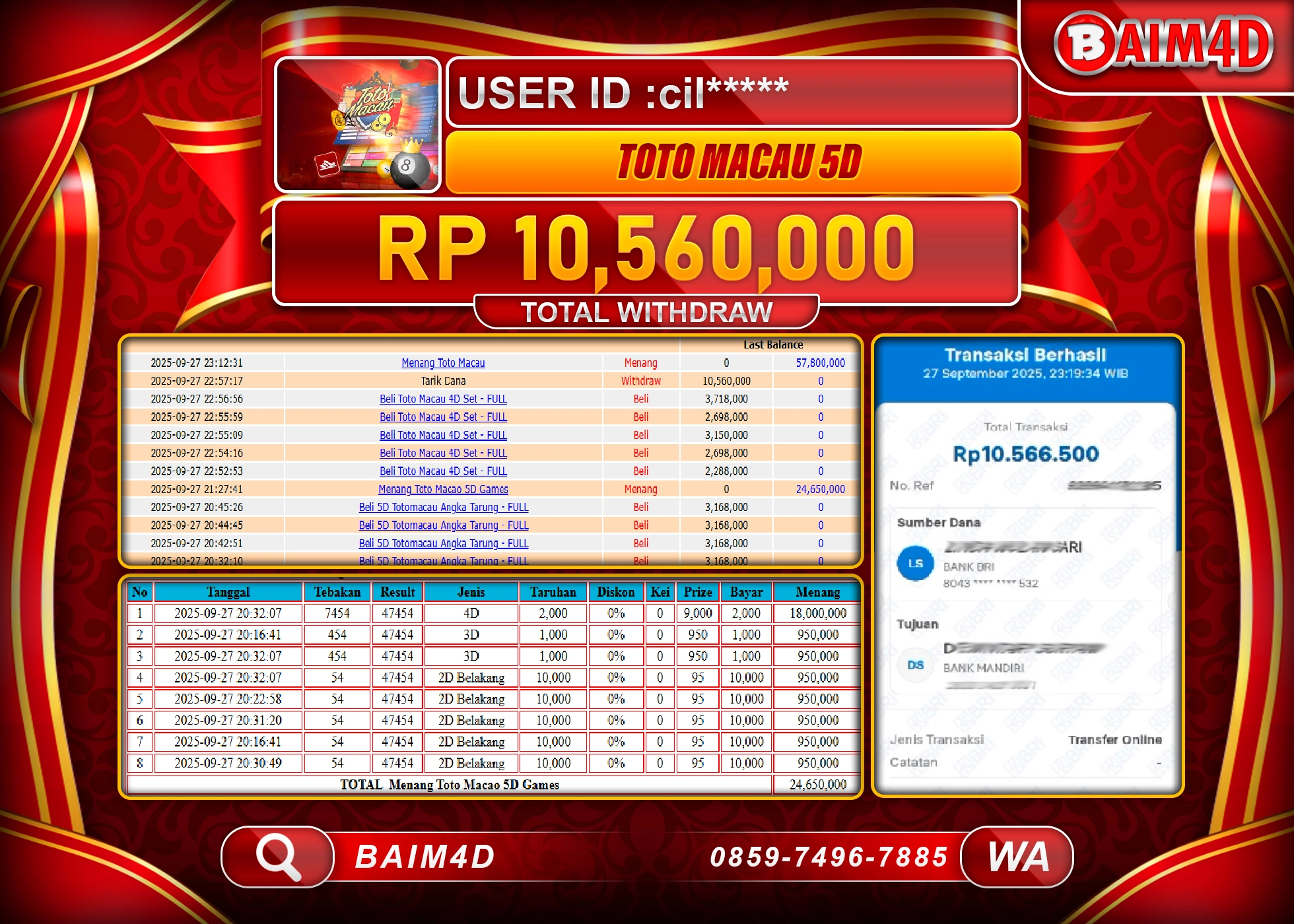 BAIM4D JACKPOT TOTO MACAU 5D GAMES Rp.10,560,000.- LUNAS