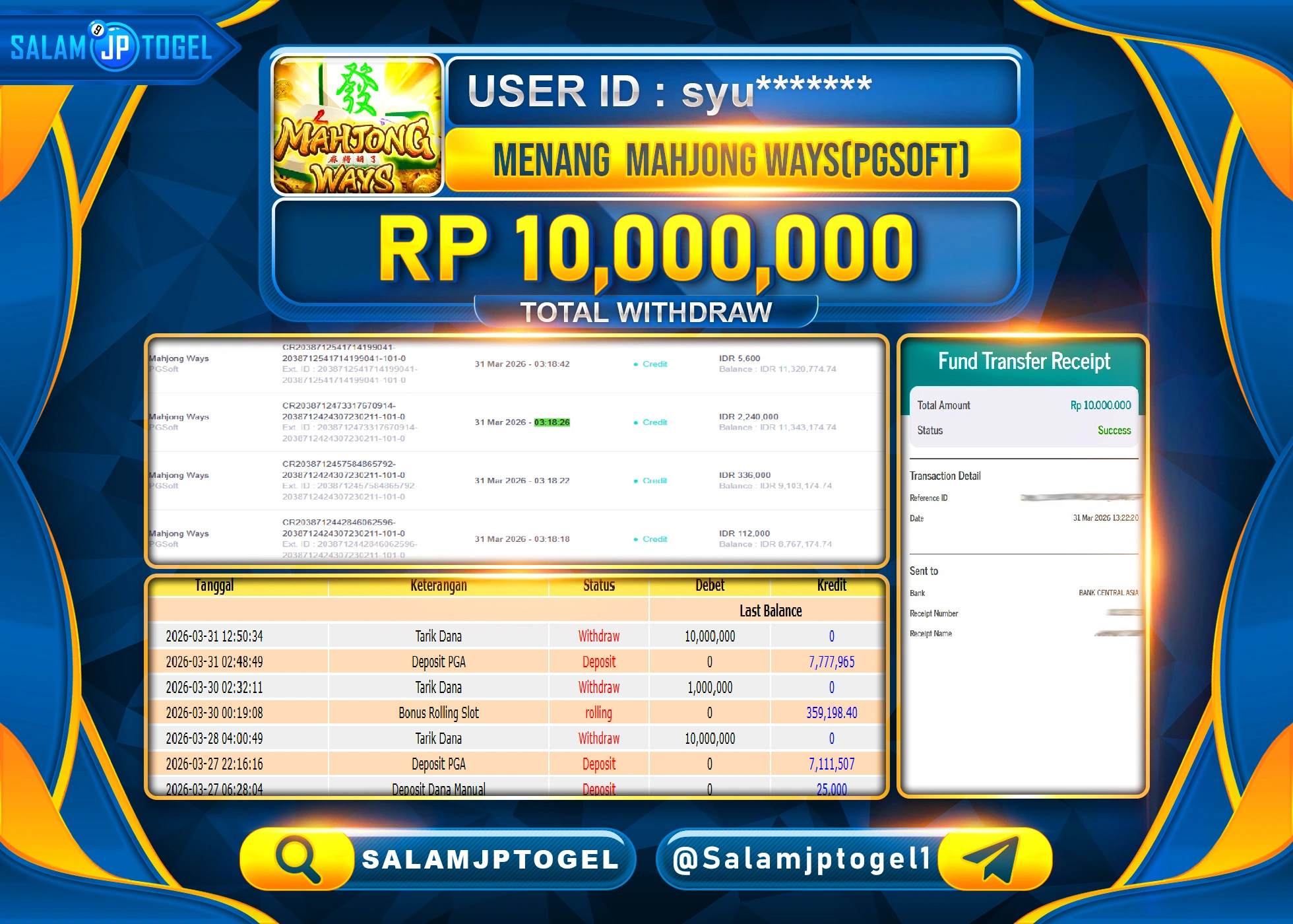 SALAMJPTOGEL MENANG JACKPOT SLOT MAHJONG WAYS PGSOFT Rp.10,000,000 - LUNAS