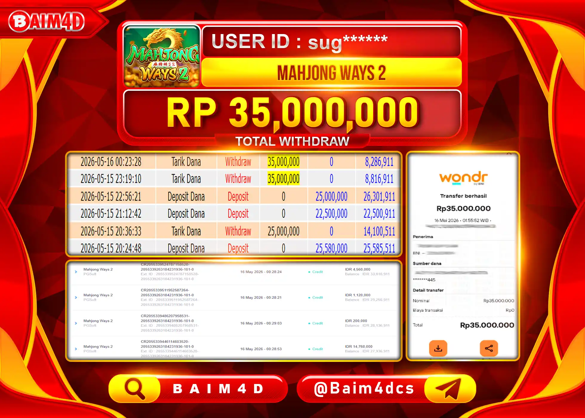 BAIM4D JACKPOT SLOT MAHJONG WAYS 2 Rp.35,000,000 - LUNAS