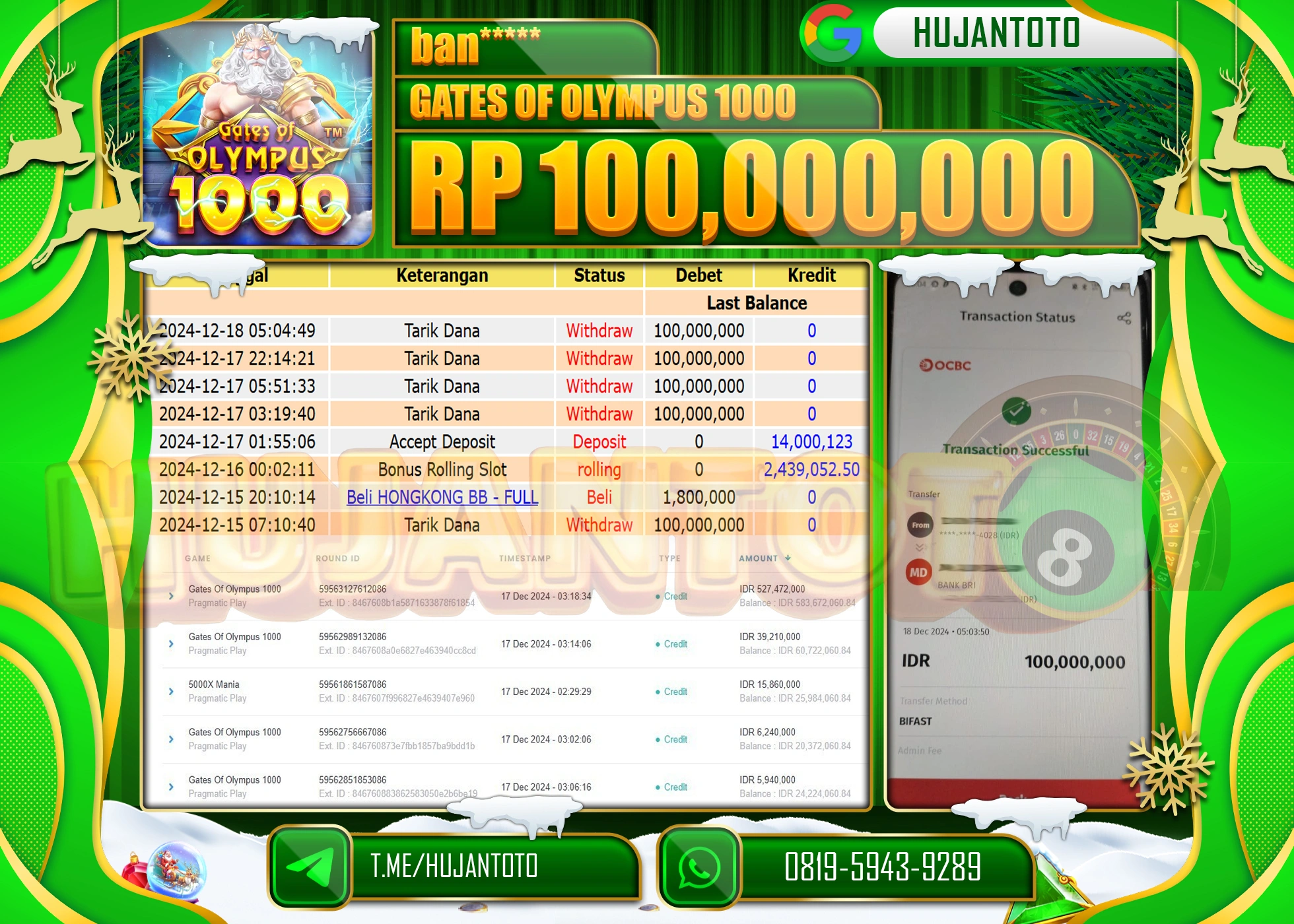 HUJANTOTO ATAS KEMENANGAN YANG DI RAIH DI PERMAINA SLOT GATES OF OLYMPUS 1000  - 100,000,000 - TERBAYAR LUNAS