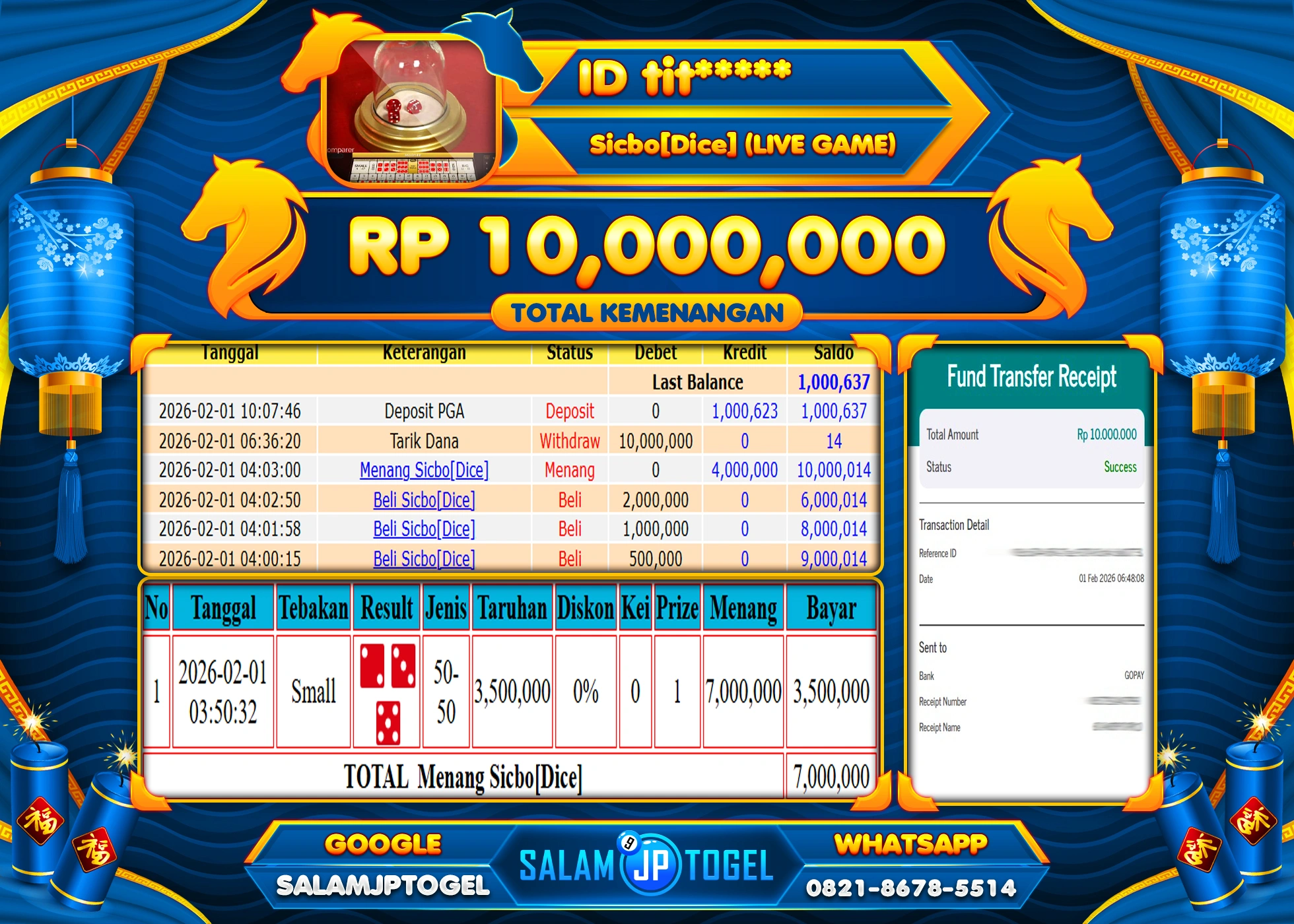 SALAMJPTOGEL JACKPOT SICBO DICE GAMES Rp.10,000,000 - LUNAS
