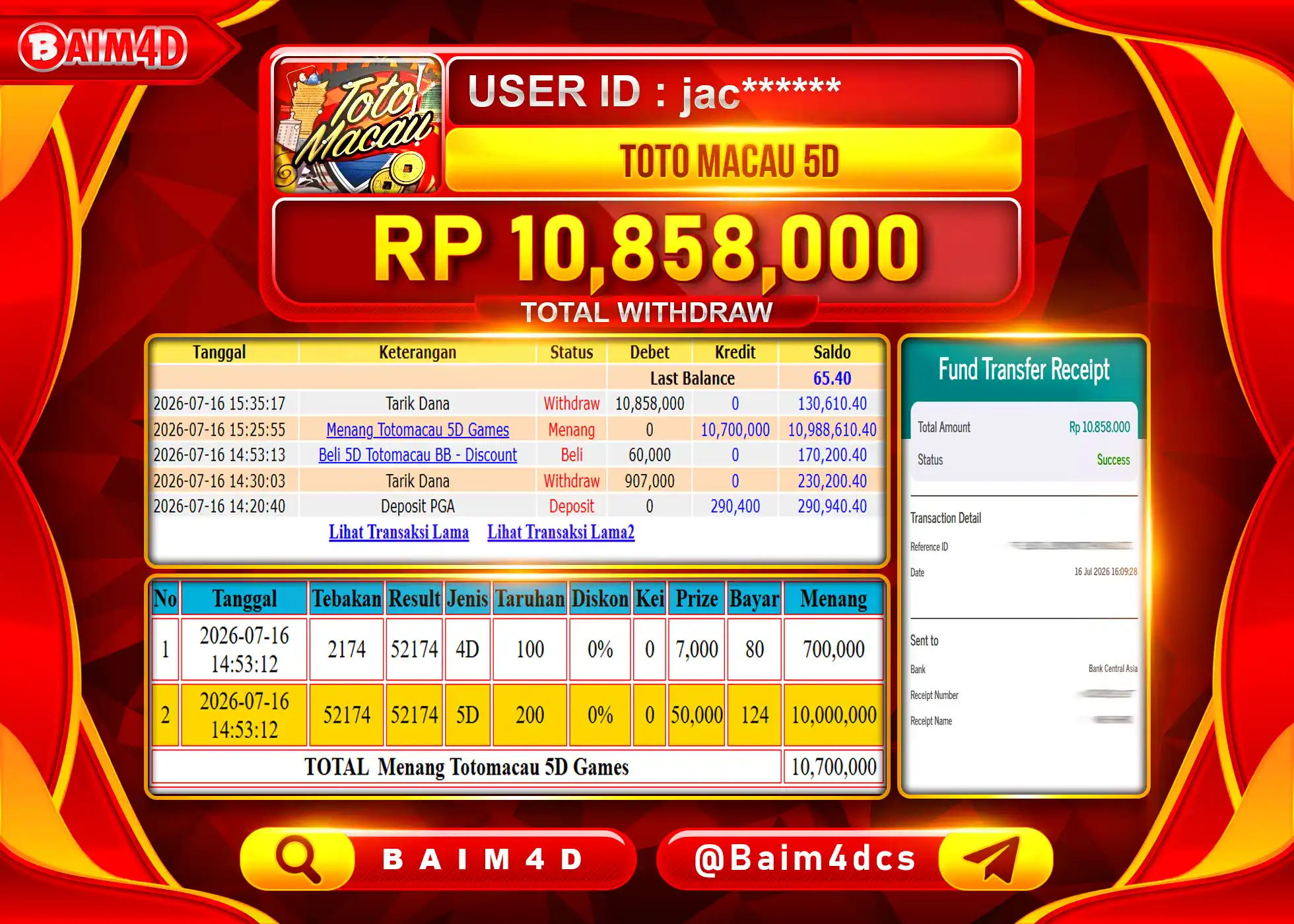 BAIM4D JACKPOT TOGEL PASARAN TOTOMACAU 5D Rp.10,858,000 - LUNAS