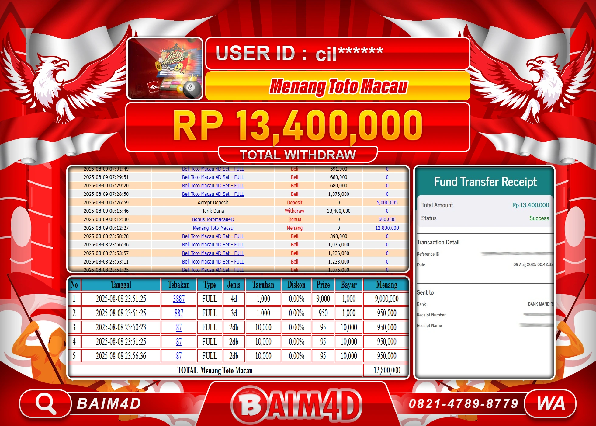 BAIM4D JACKPOT TOGEL TOTO MACAU 4D Rp.13,400,000.- LUNAS