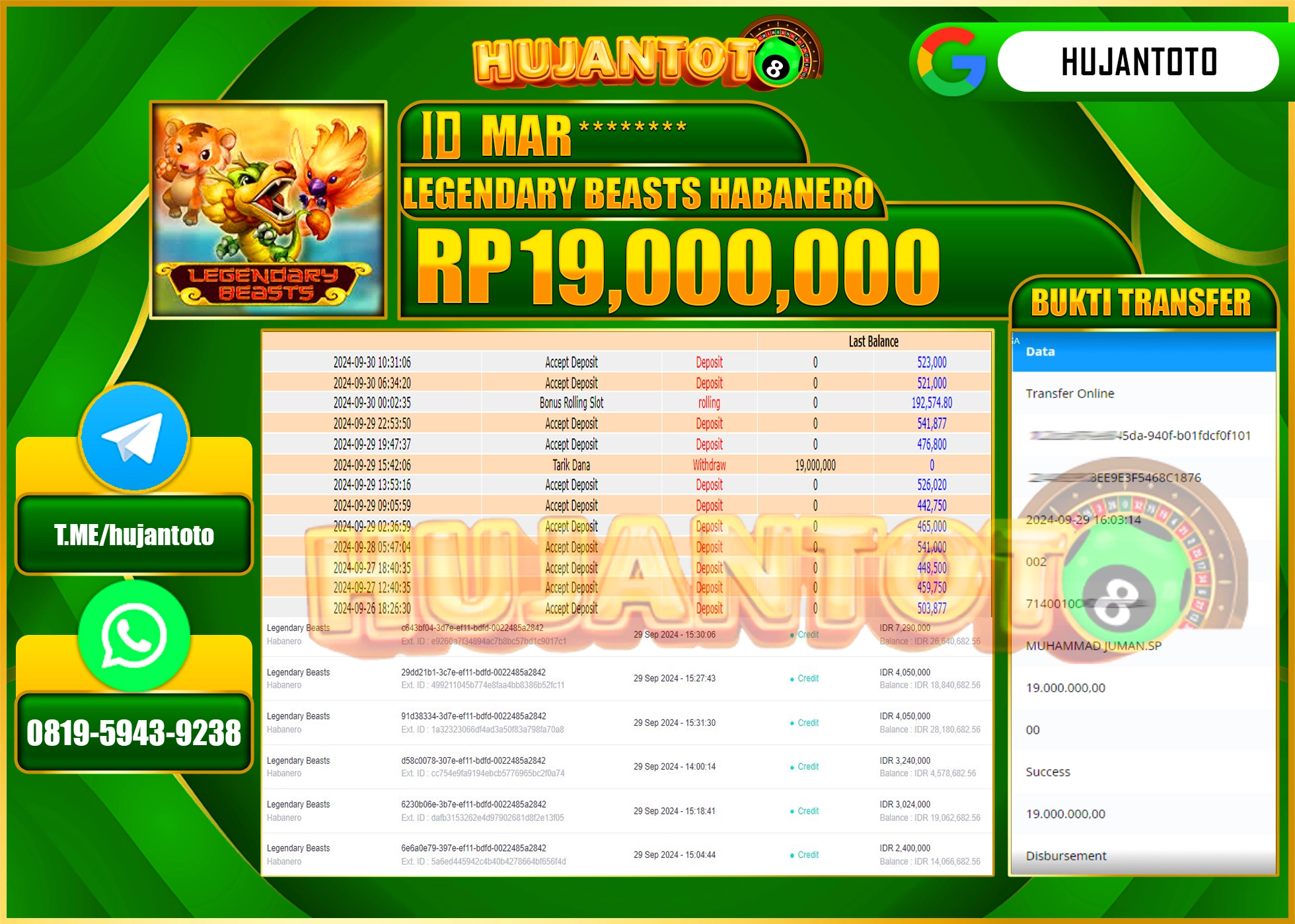 HUJANTOTO MENANG BESAR DI PERMAINAN LEGENDARY BEASTS HABANERO - 19.000,000 - LUNAS 