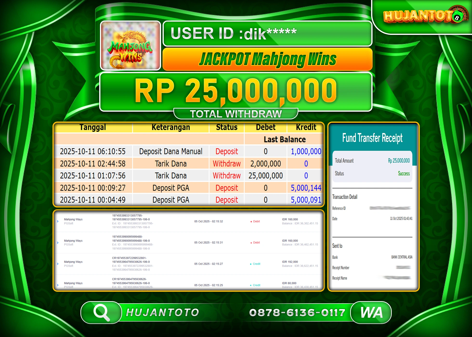 HUJANTOTO - BUKTI JACKPOT MENANG SLOT MAHJONG WINS Rp.25,000,000 - TERBAYAR LUNAS