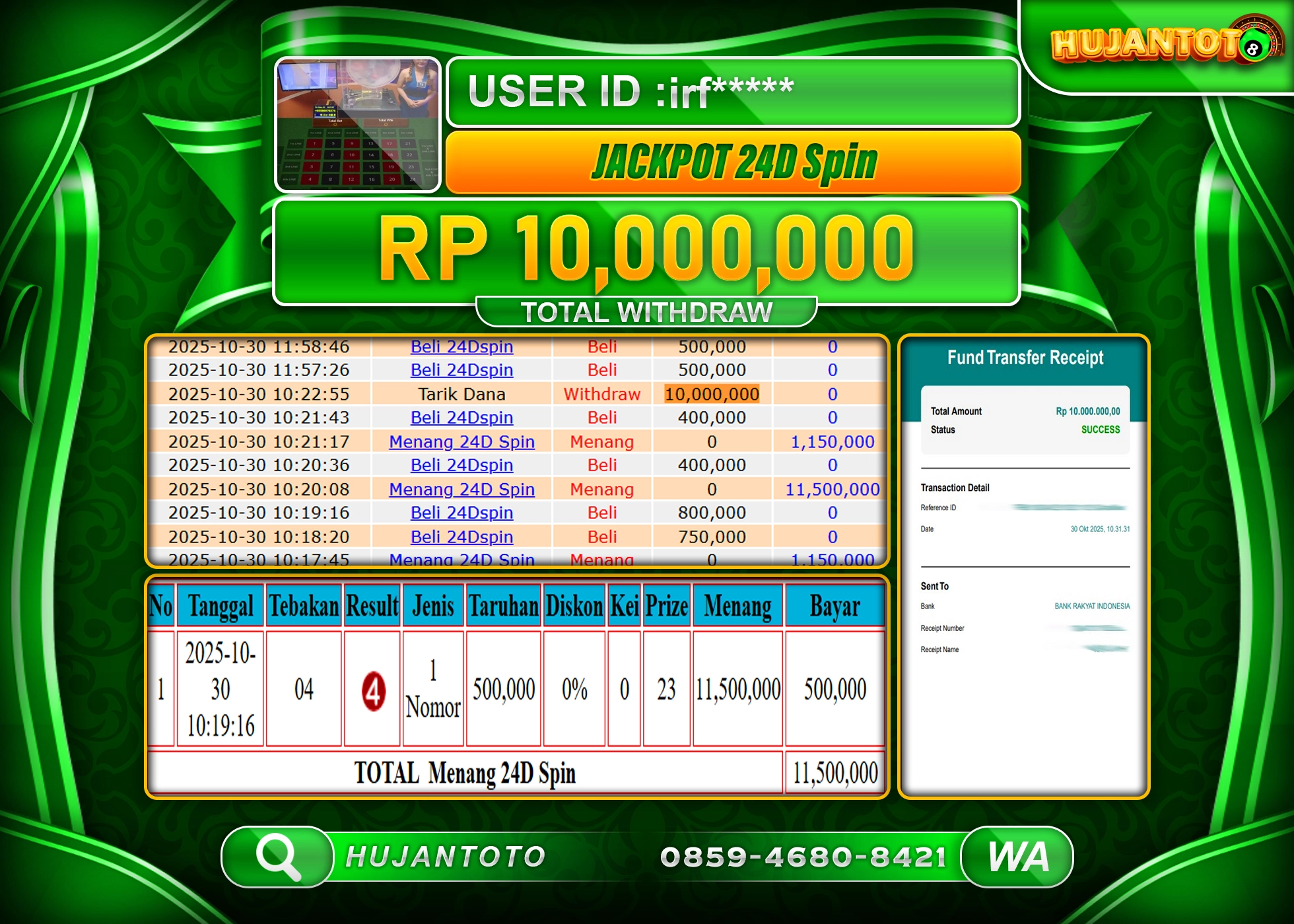 HUJANTOTO - BUKTI JACKPOT MENANG LIVEGAMES 24D Spin Rp.10,000,000 - TERBAYAR LUNAS