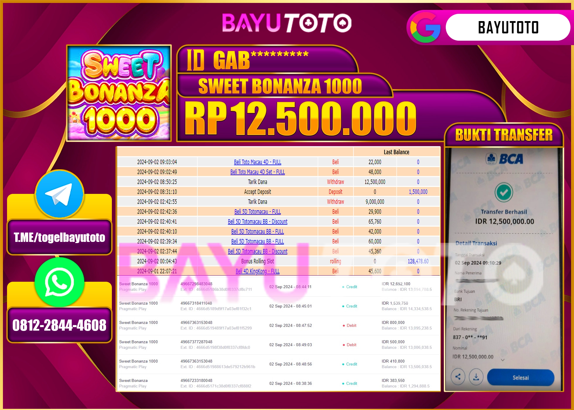 BAYUTOTO JACKPOT DI  SWEET  BONANZA 1000  Rp.12.500.000 LUNAS