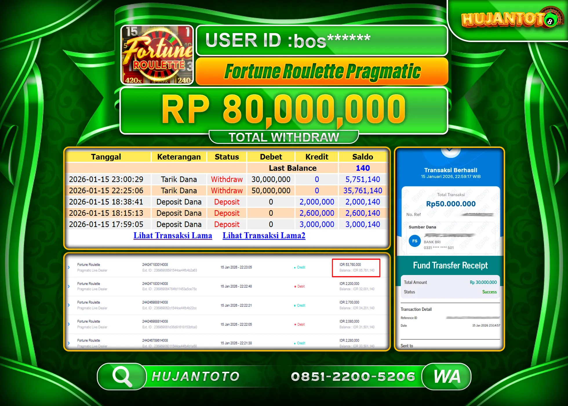 HUJANTOTO - BUKTI JACKPOT MENANG LIVEGAMES FORTUNE ROULETTE Rp.80,000,000 - TERBAYAR LUNAS