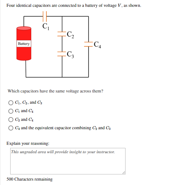 Solved Four Identical Capacitors Are Connected To A Batte...