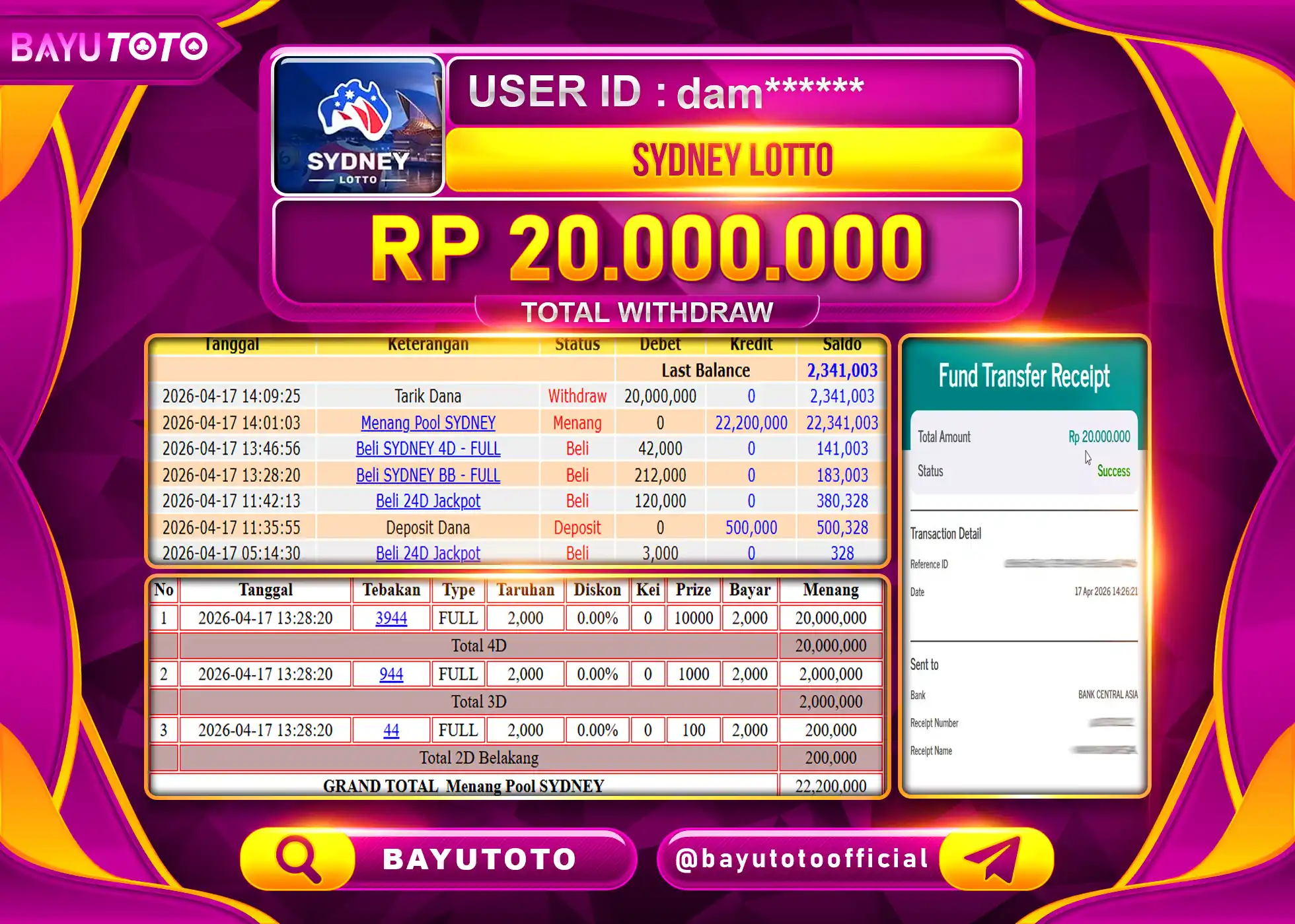 SELAMAT MEMBER BAYUTOTO JACKPOT DI TOGEL SYDNEY LOTTO Rp. 20,000,000 LUNAS