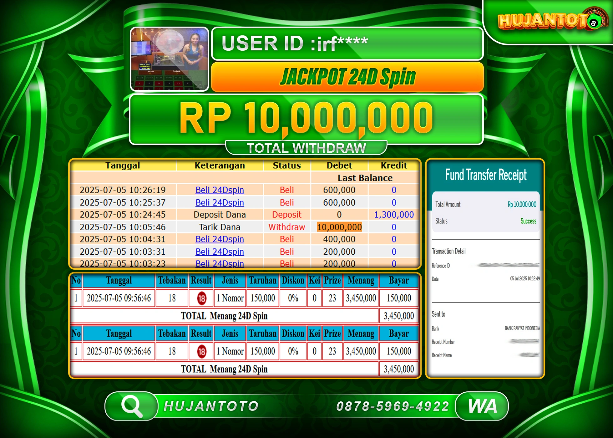 HUJANTOTO - BUKTI JACKPOT MENANG DI LIVE GAME 24D SPIN GAMES Rp.10,000,000 - TERBAYAR LUNAS
