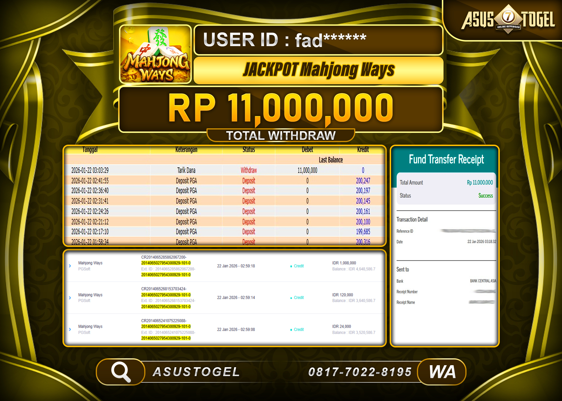 ASUSTOGEL KEMENANGAN DI JACKPOT MAHJONG WAYS SEBESAR 11,000,000 - RUPIAH LUNAS