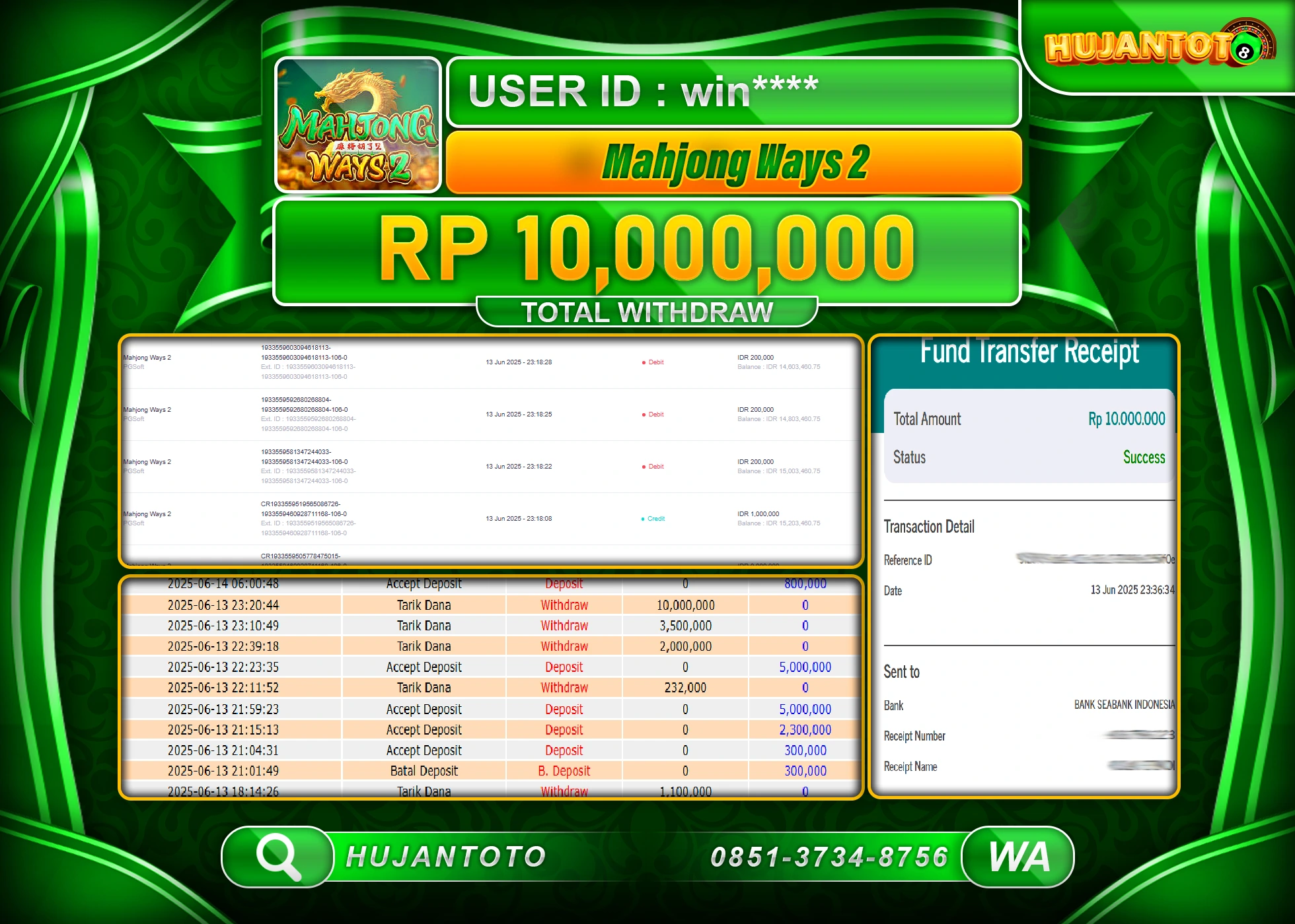 HUJANTOTO - BUKTI JACKPOT MENANG SLOT MAHJONG WAYS 2 Rp,10,000,000 - TERBAYAR LUNAS