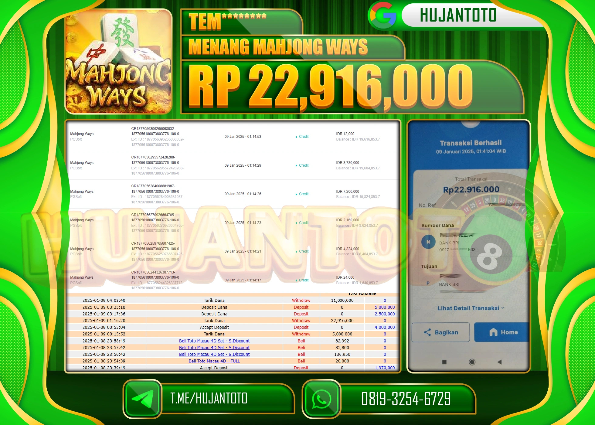 HUJANTOTO - BUKTI JACKPOT DI PERMAINAN SLOT MAHJONG WAYS Rp.22,916,000,- TERBAYAR LUNAS