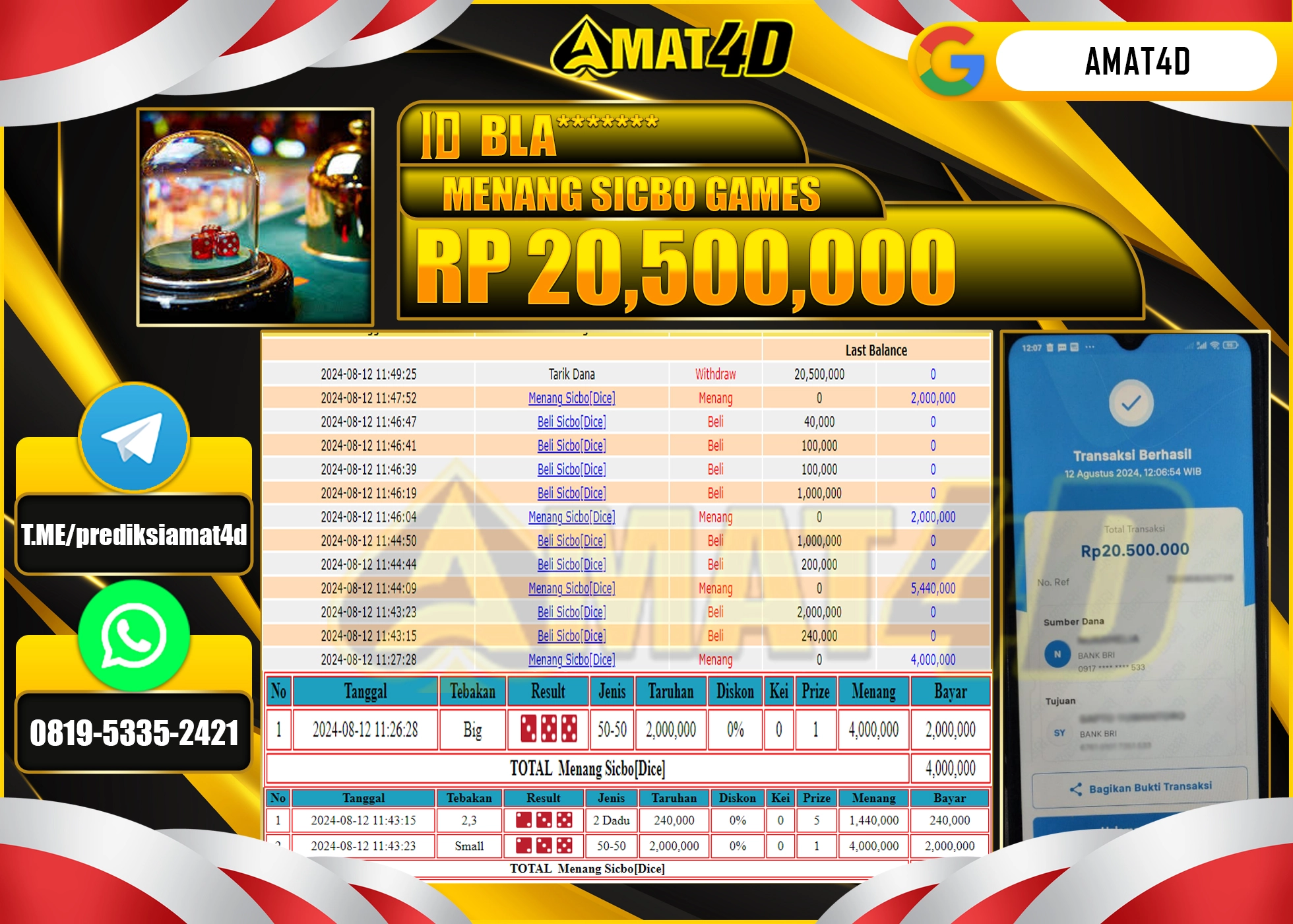 AMAT4D KEMENANGAN JACKPOT SICBO GAMES Rp.20.500.000 BERHASIL TERBAYAR LUNAS !