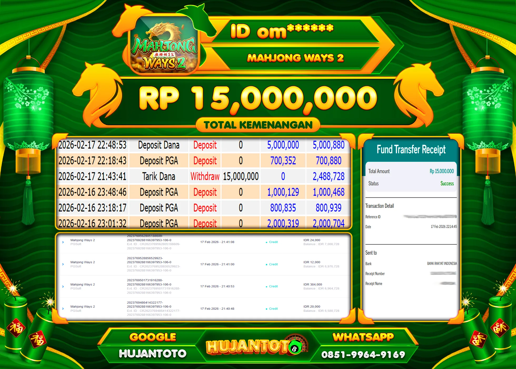HUJANTOTO - BUKTI JACKPOT MENANG SLOT MAHJONG WAYS 2 Rp.15,000,000 - TERBAYAR LUNAS