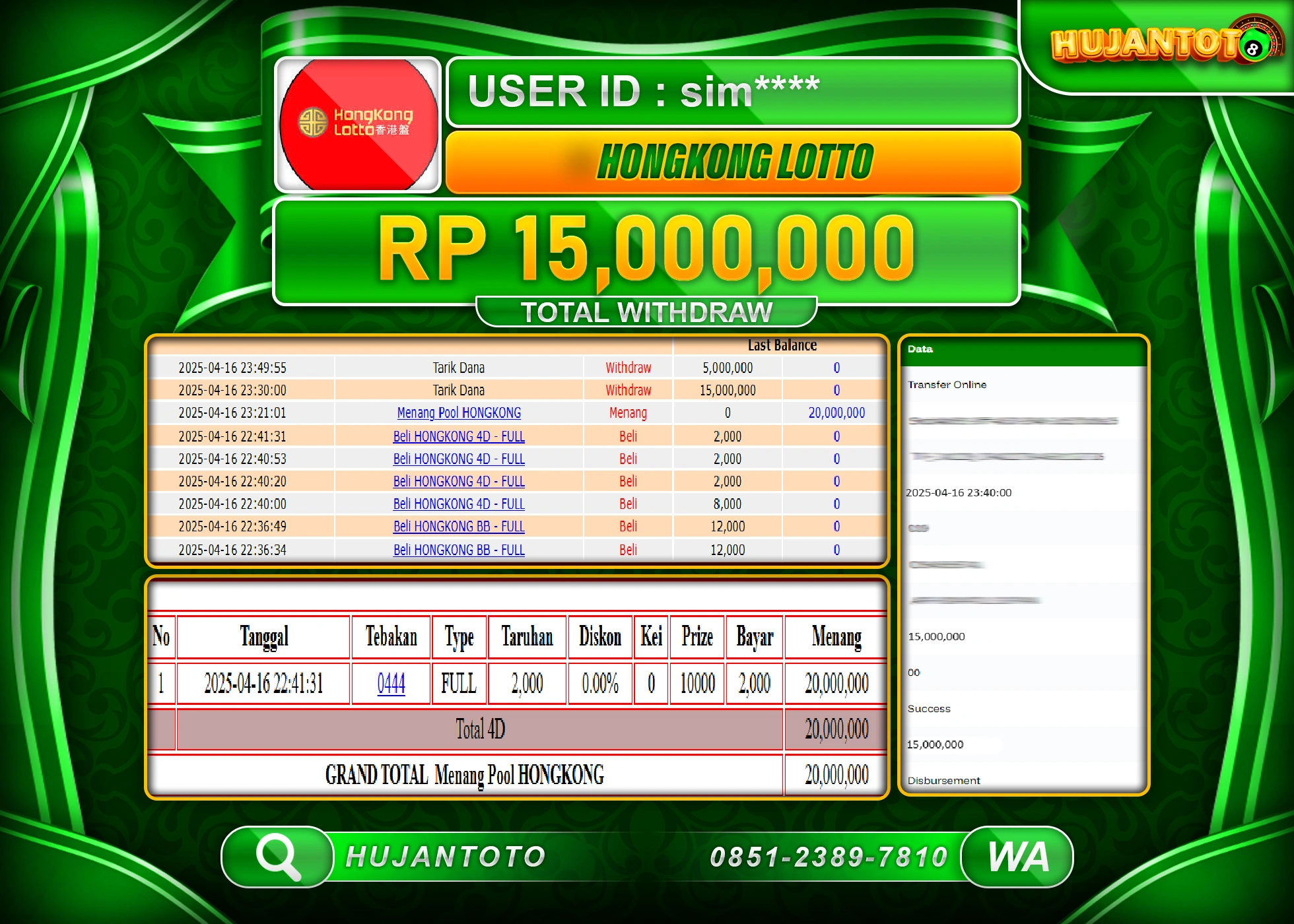 HUJANTOTO - BUKTI JACKPOT MENANG TOGEL HONGKONG LOTTO Rp,15,000,000 - TERBAYAR LUNAS