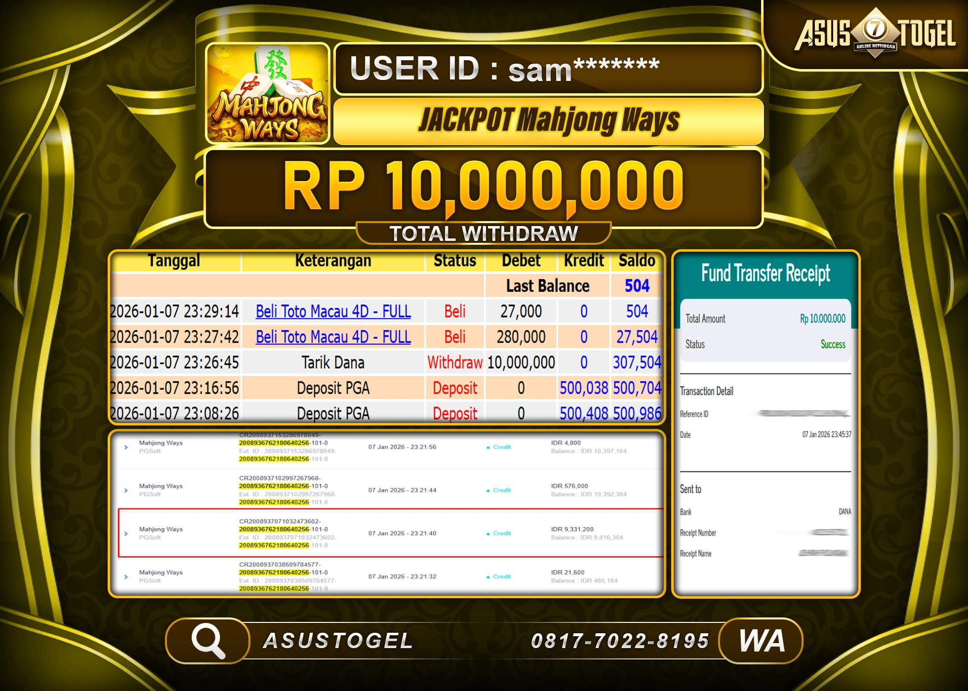 ASUSTOGEL KEMENANGAN DI SLOT MAHJONG WAYS SEBESAR 10,000,000 - RUPIAH LUNAS